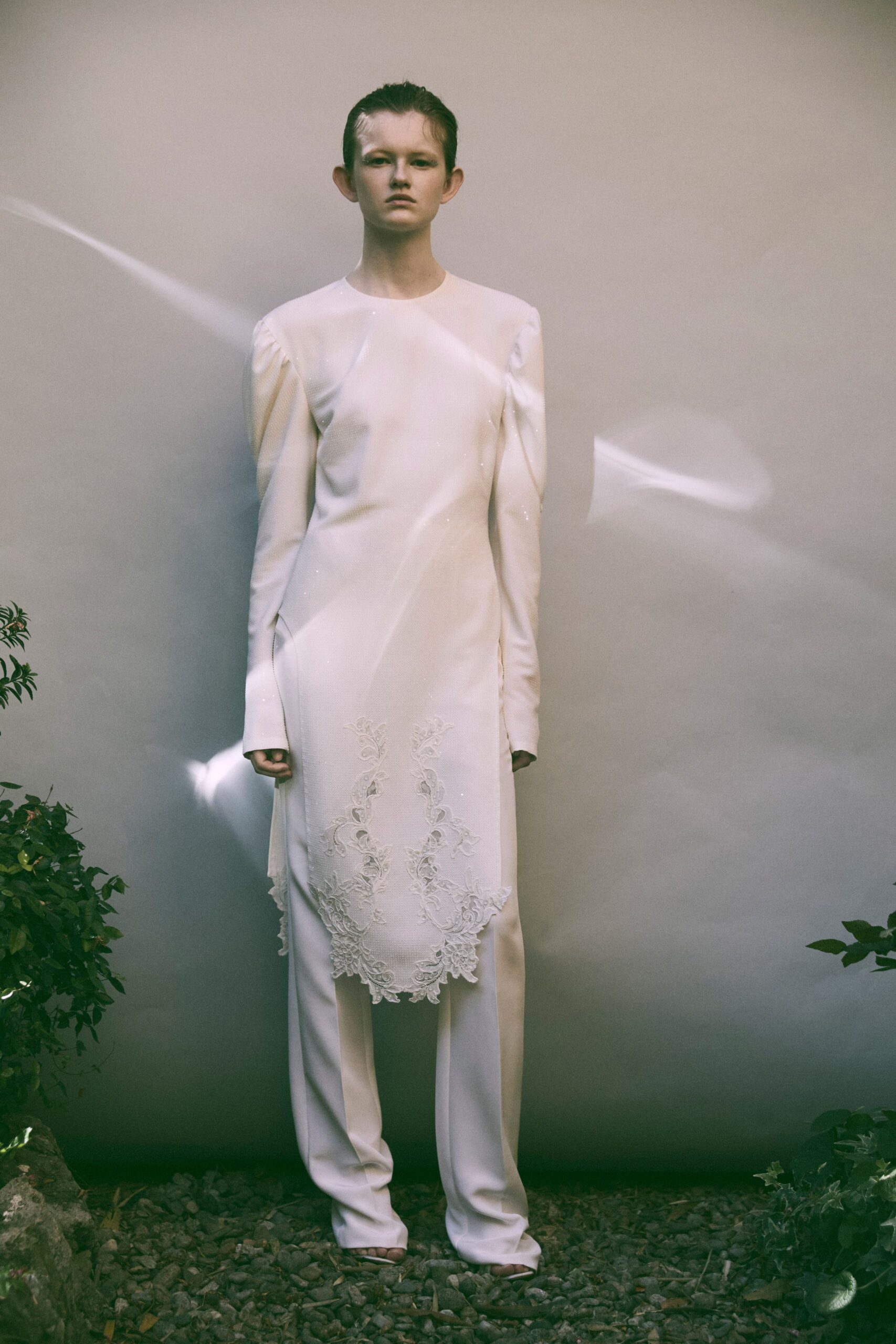 white silk long-sleeve high-neck fitted embroidered sheer dress