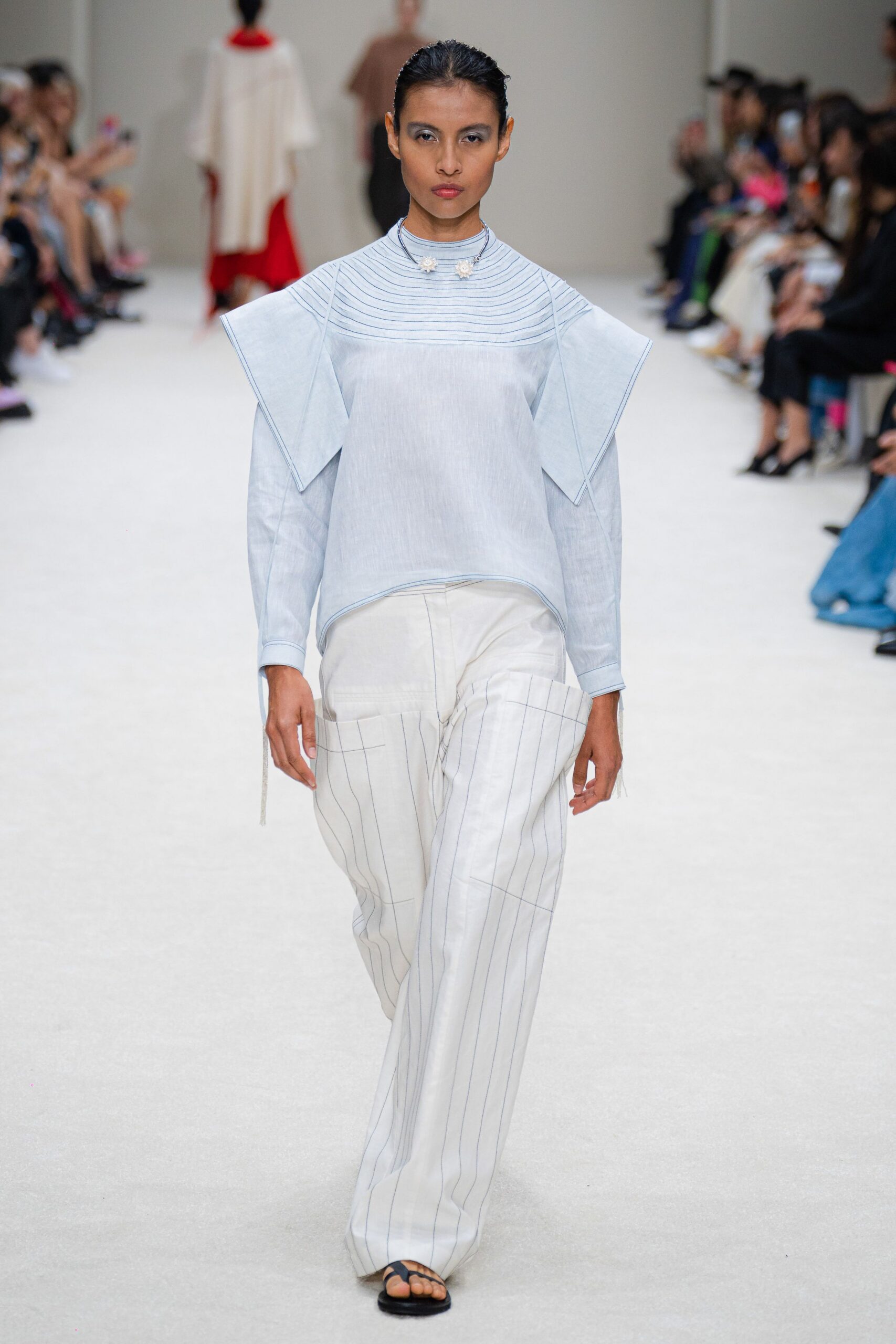 light blue relaxed top with striped pants