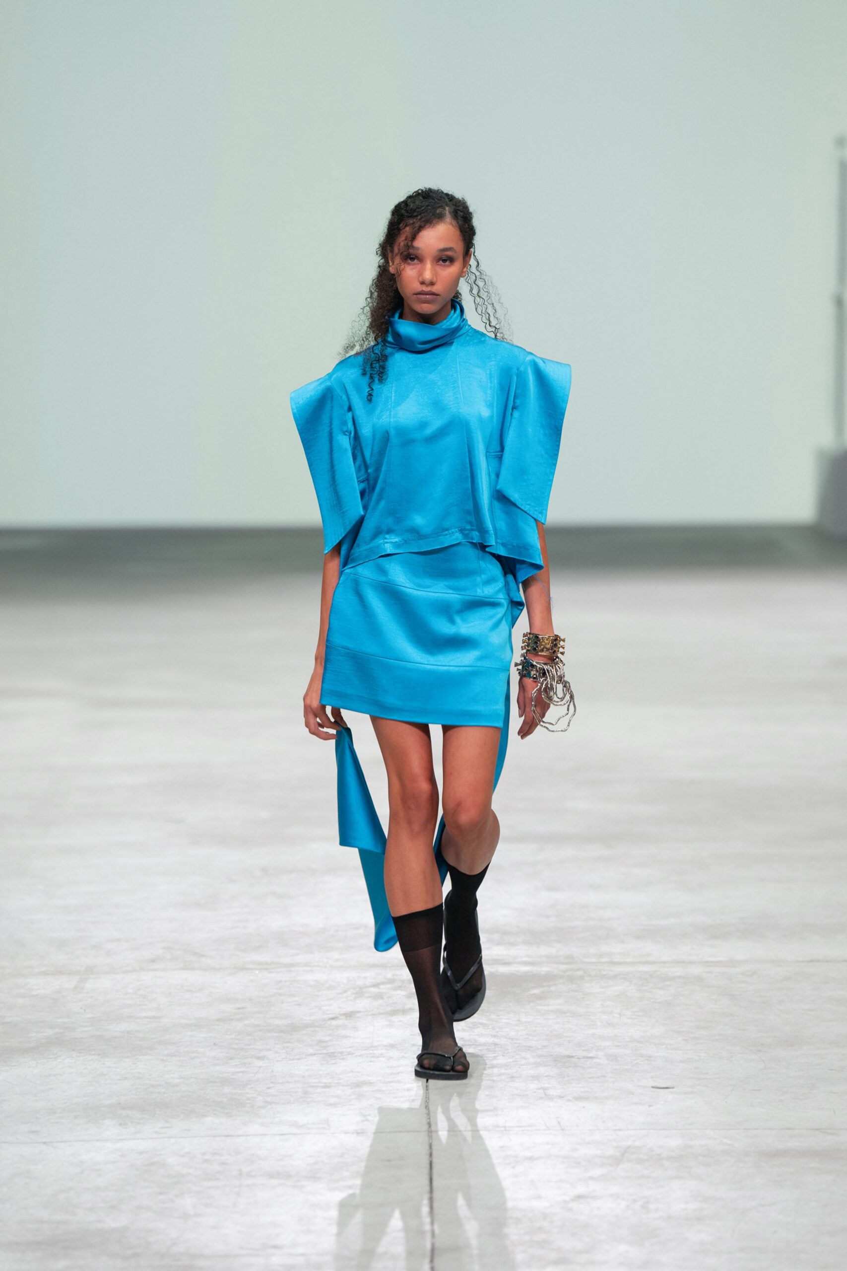 blue silk sleeveless high-neck fitted mini dress