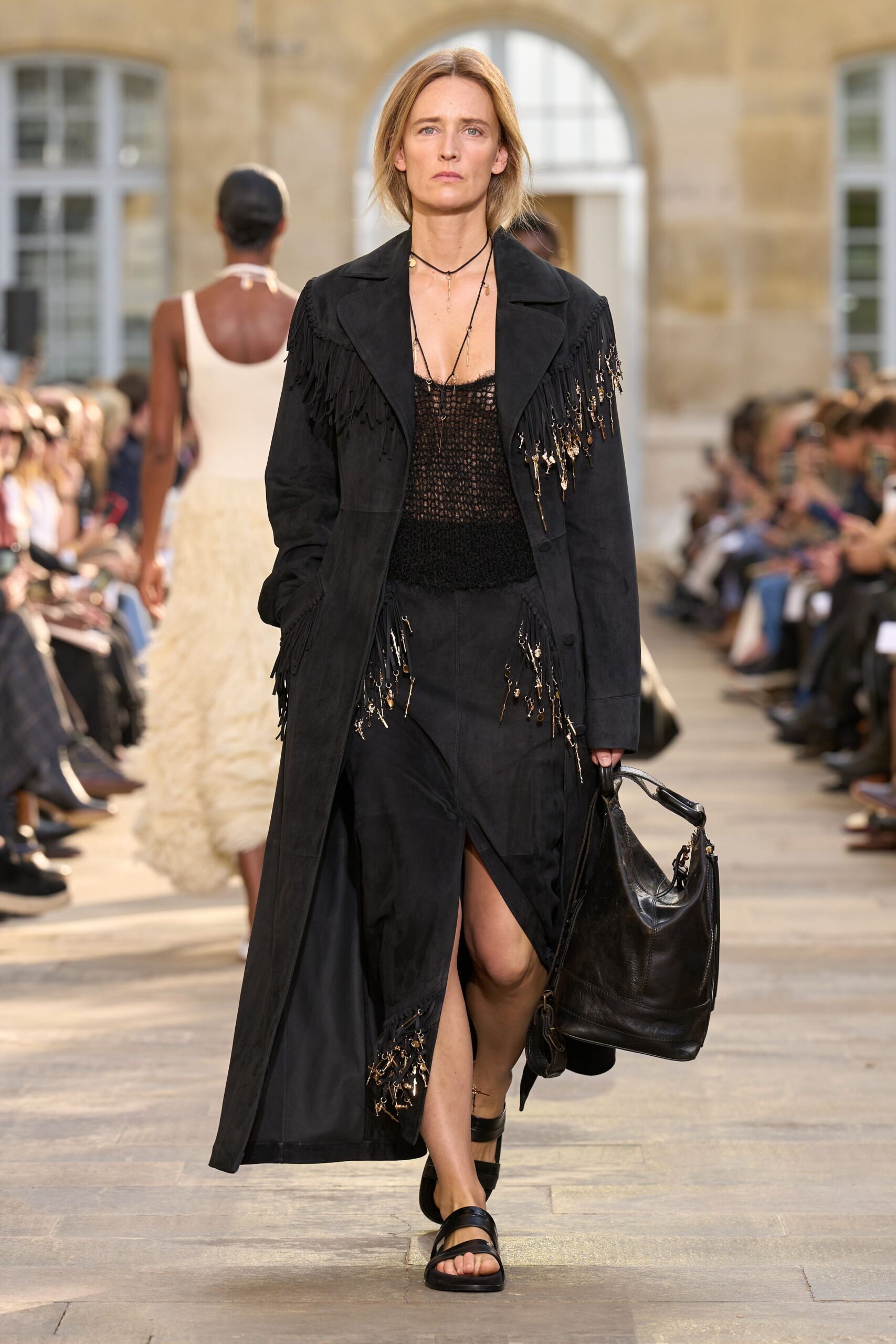 black suede long-sleeve collared fitted fringed coat