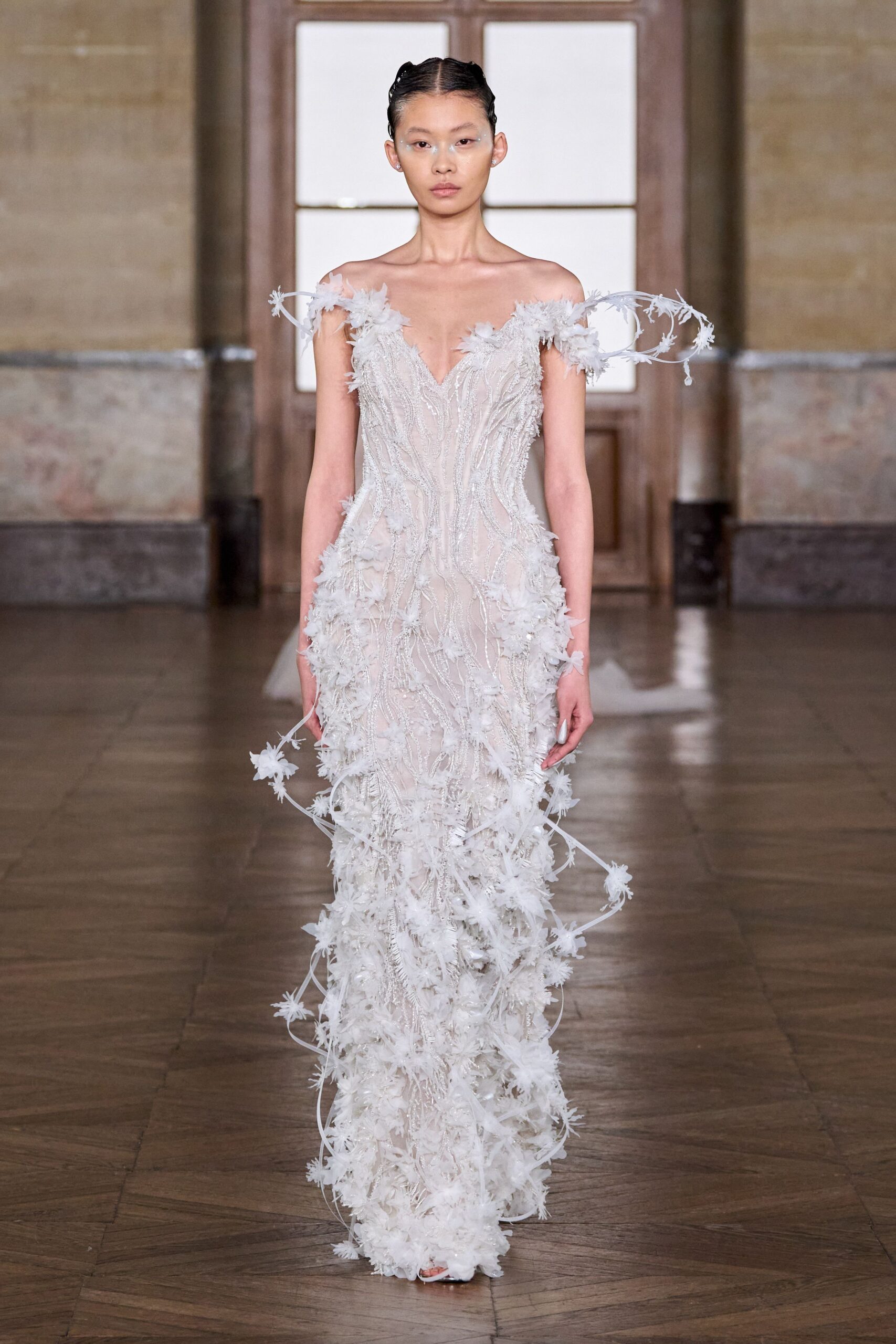 white embroidered off-shoulder gown