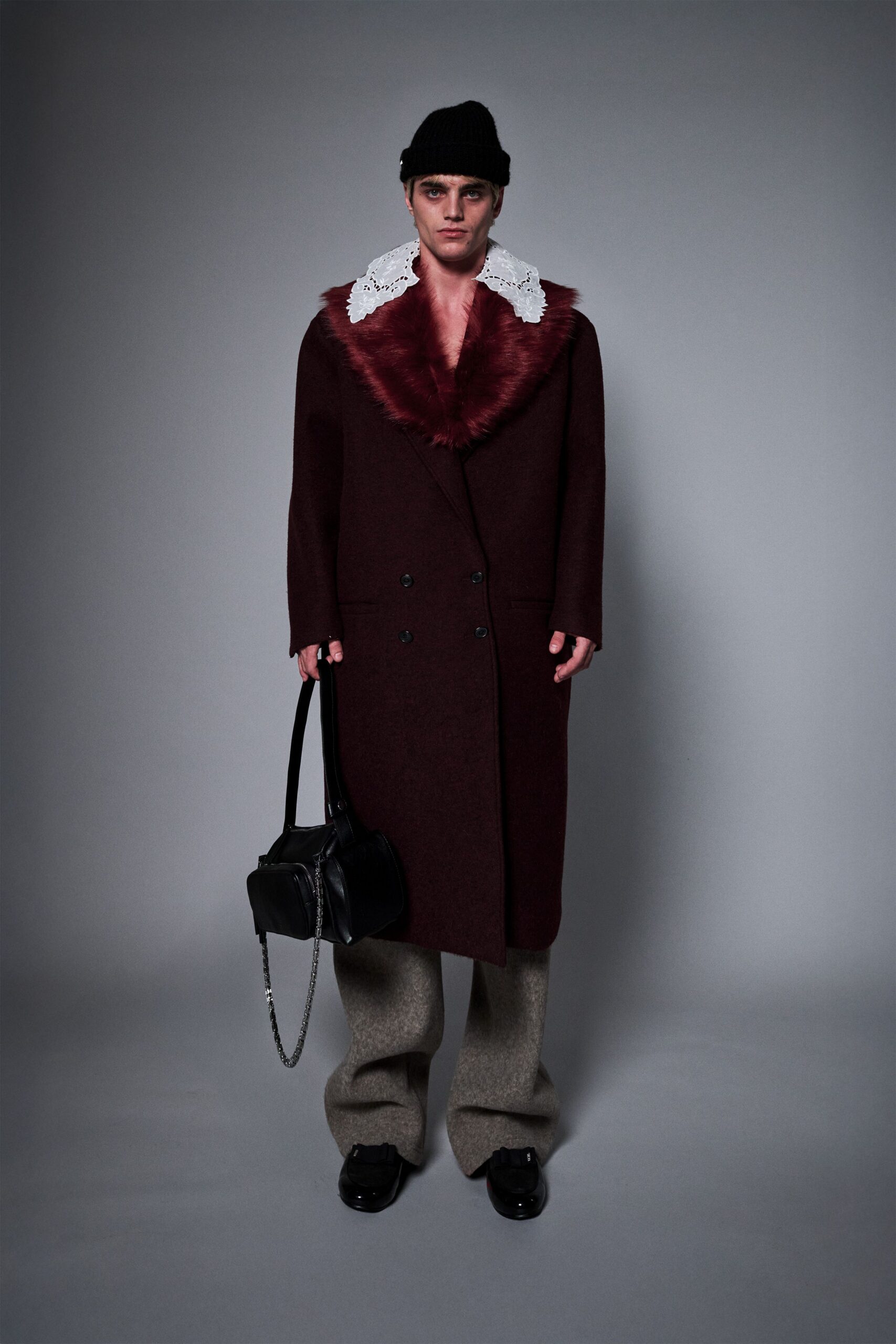 maroon wool long-sleeve collared structured fringed coat