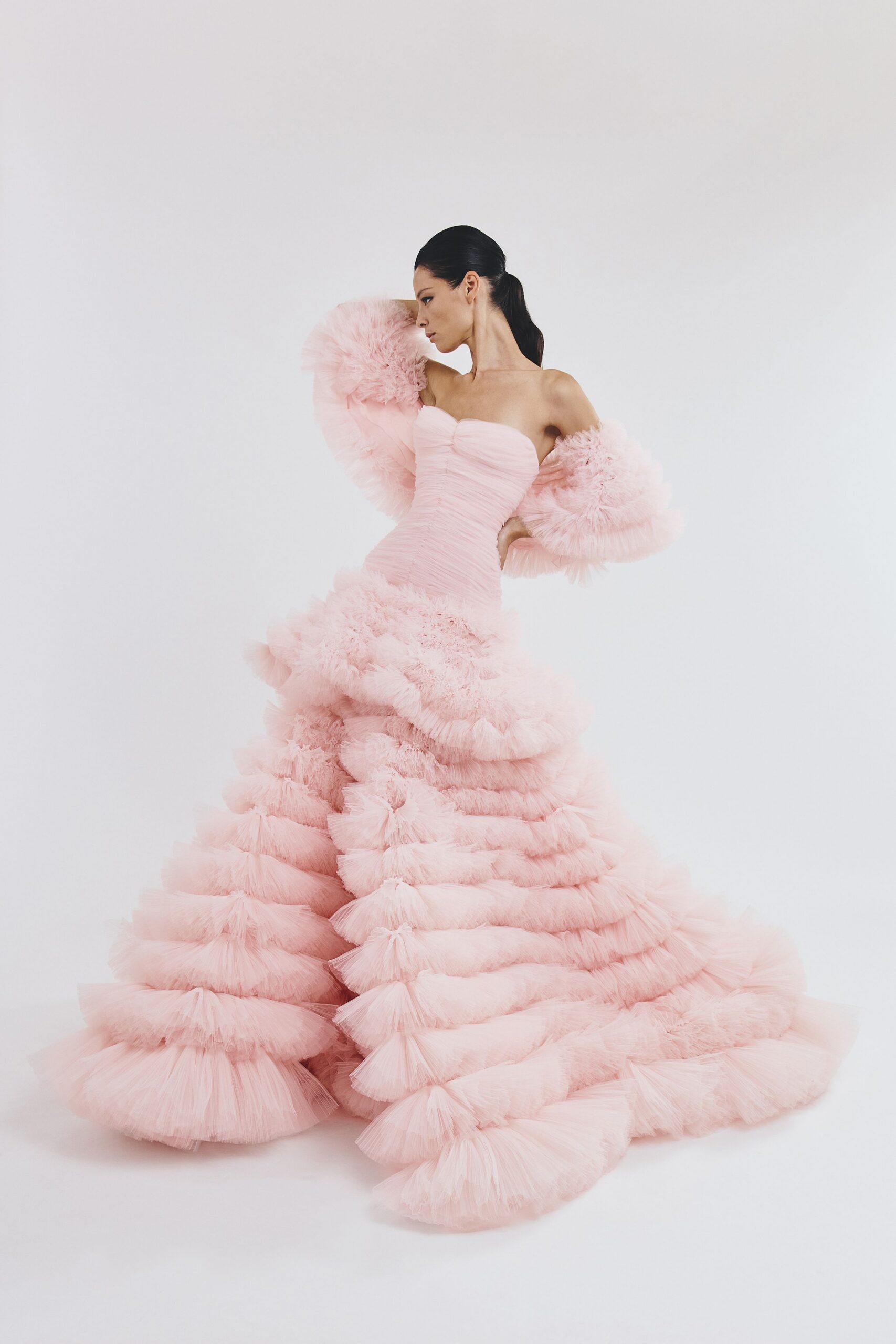 pink ruffled tulle gown