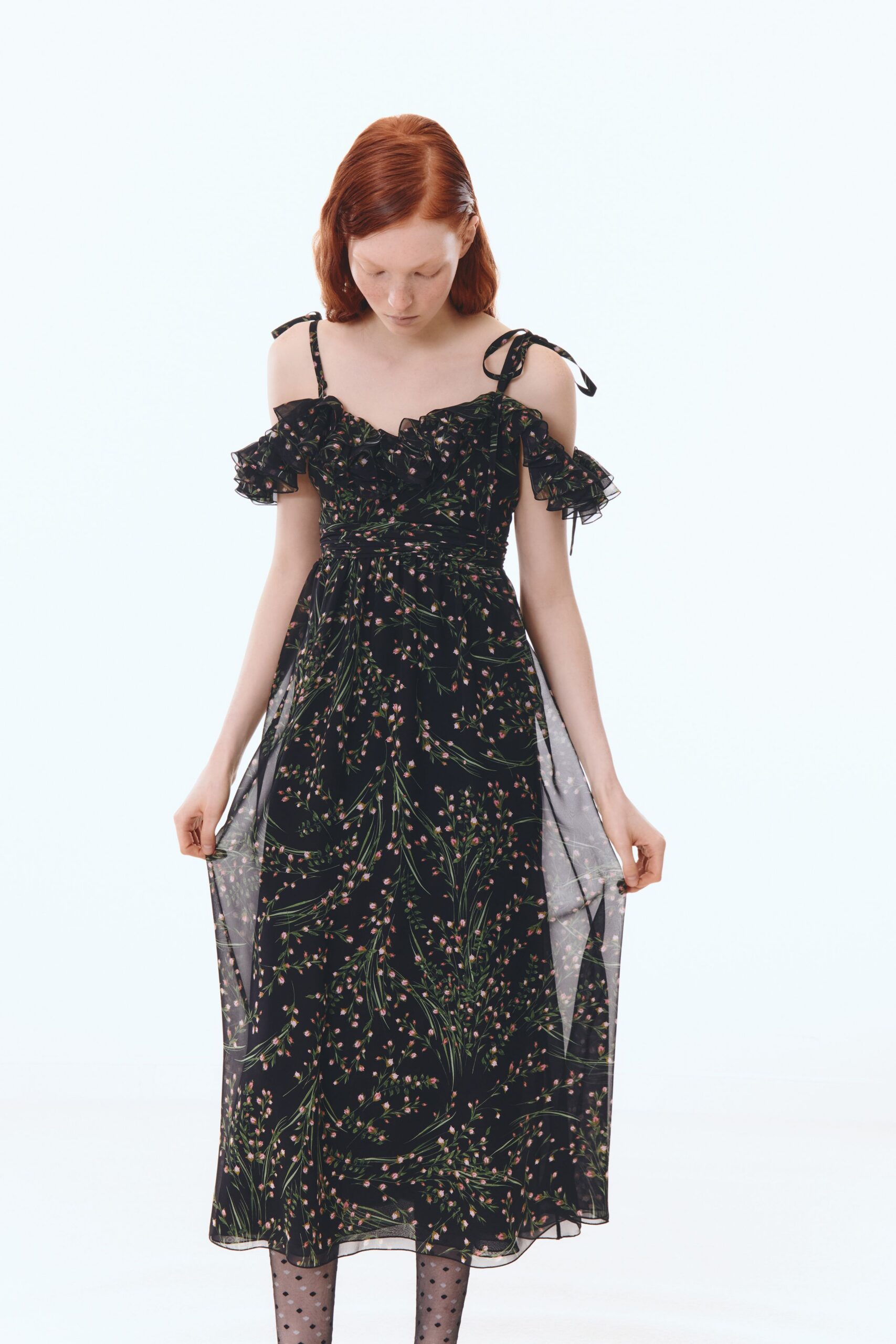 black floral ruffled midi dress