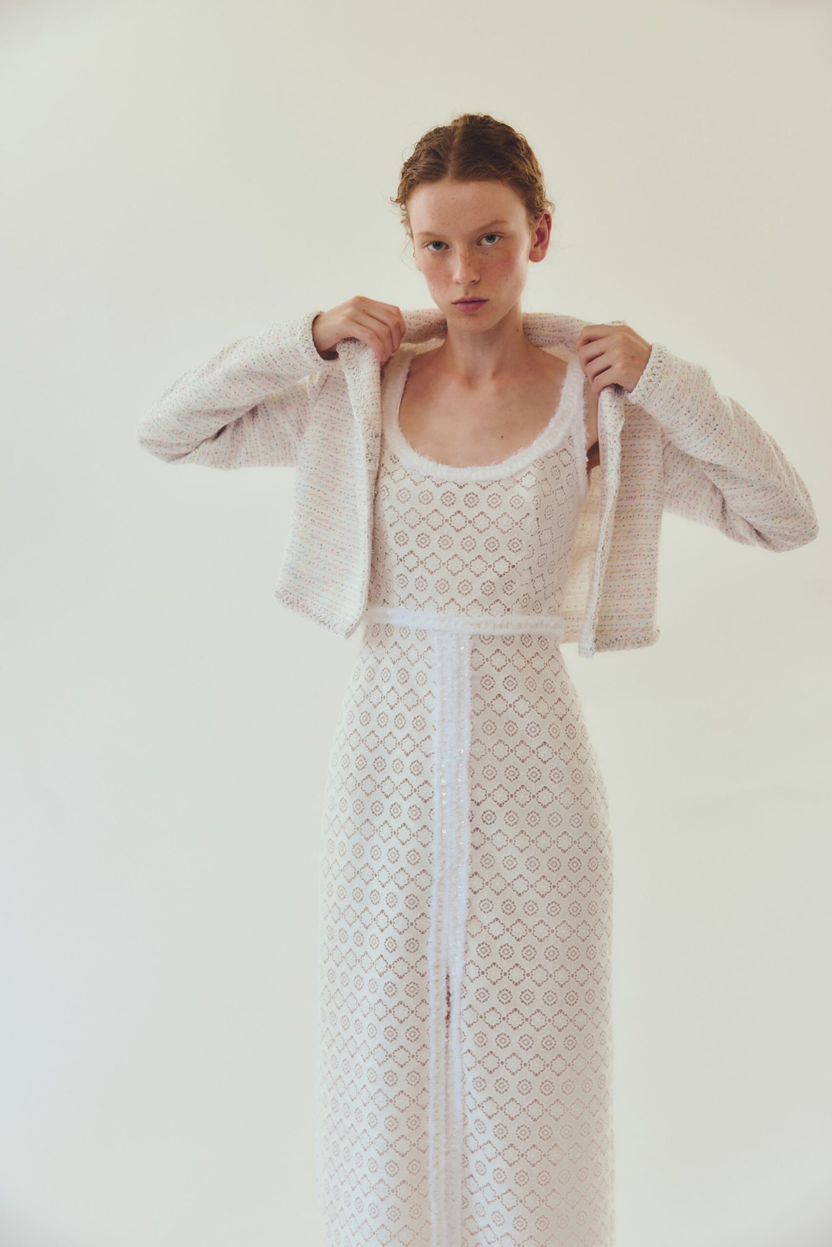 white lace maxi dress with jacket