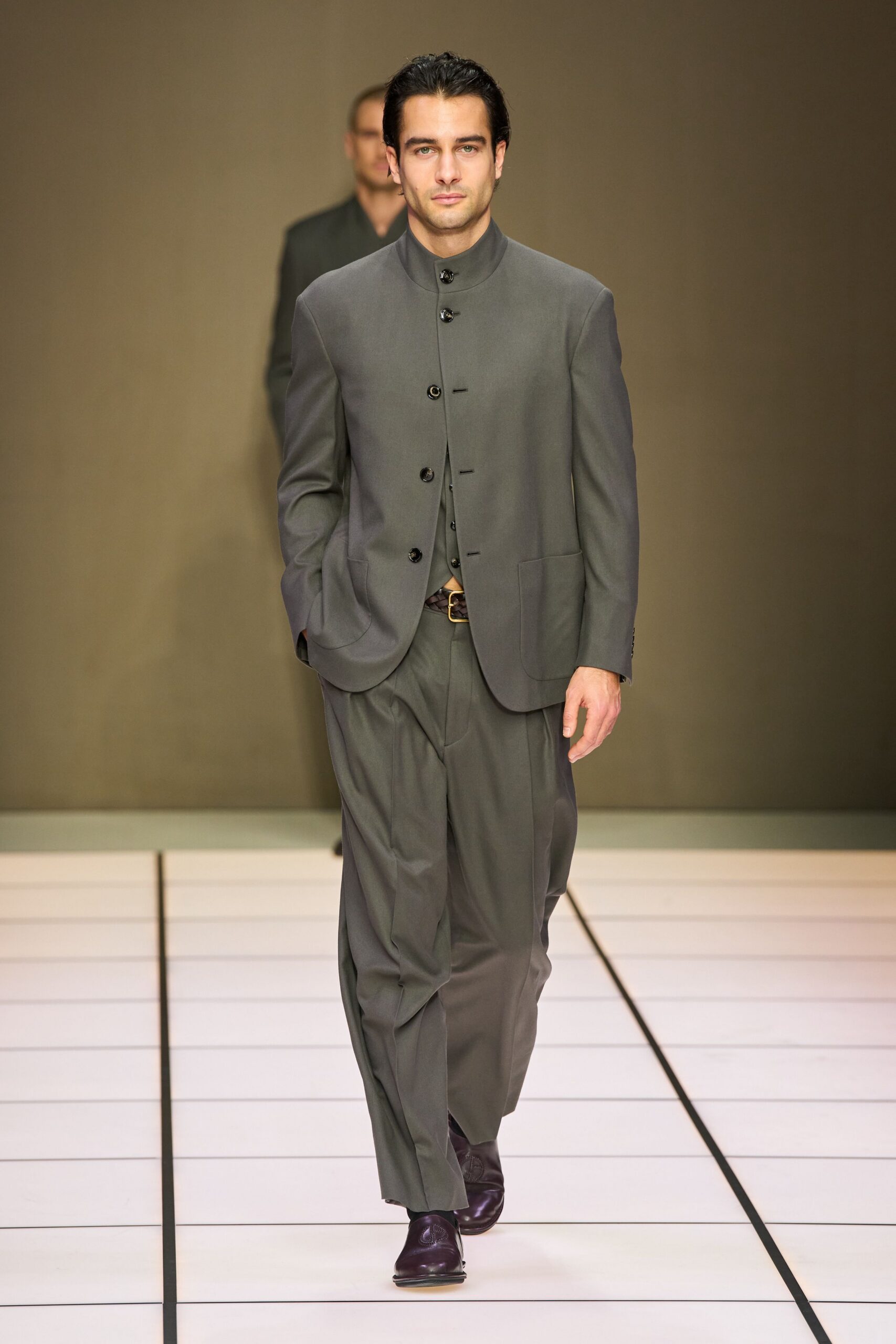 gray tailored suit with purple shoes