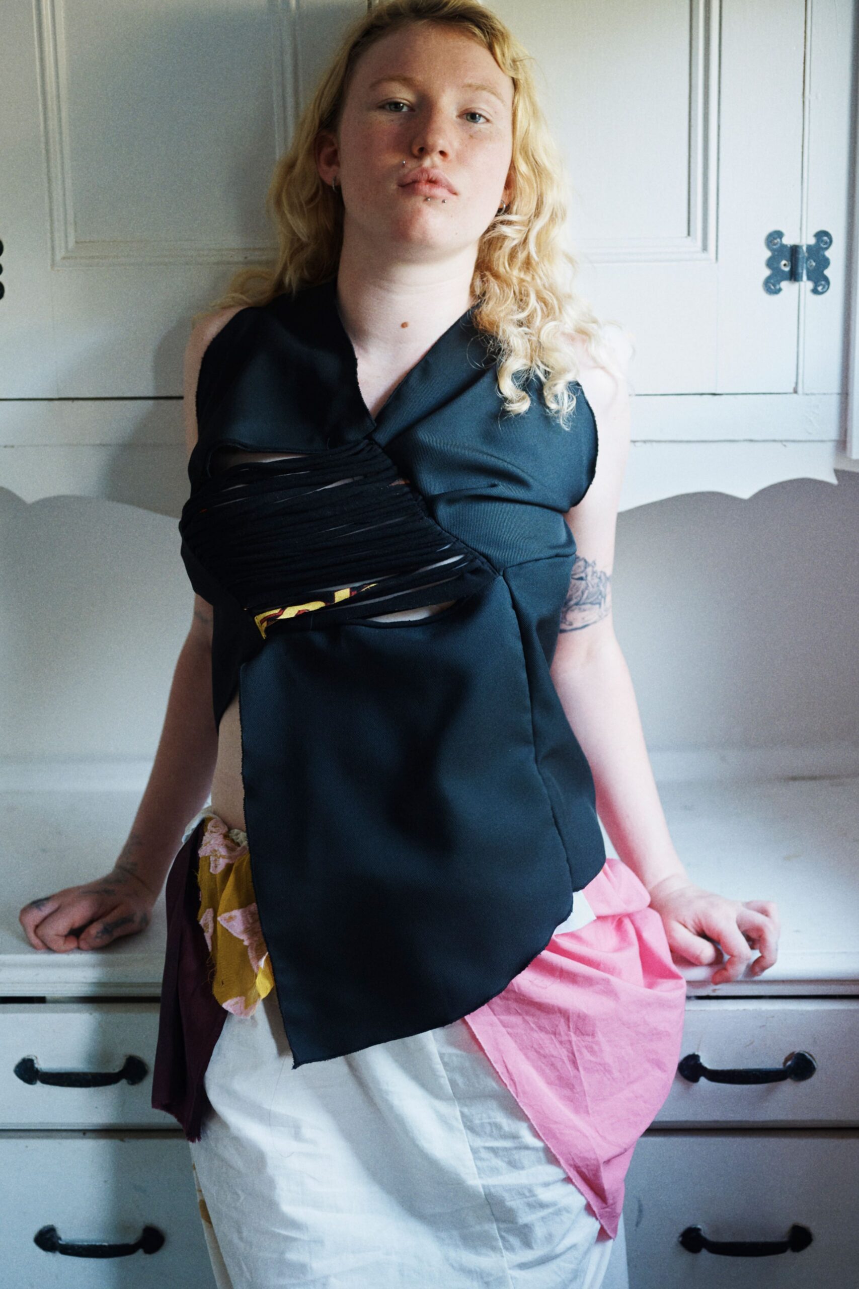 black silk fitted top with layered skirt