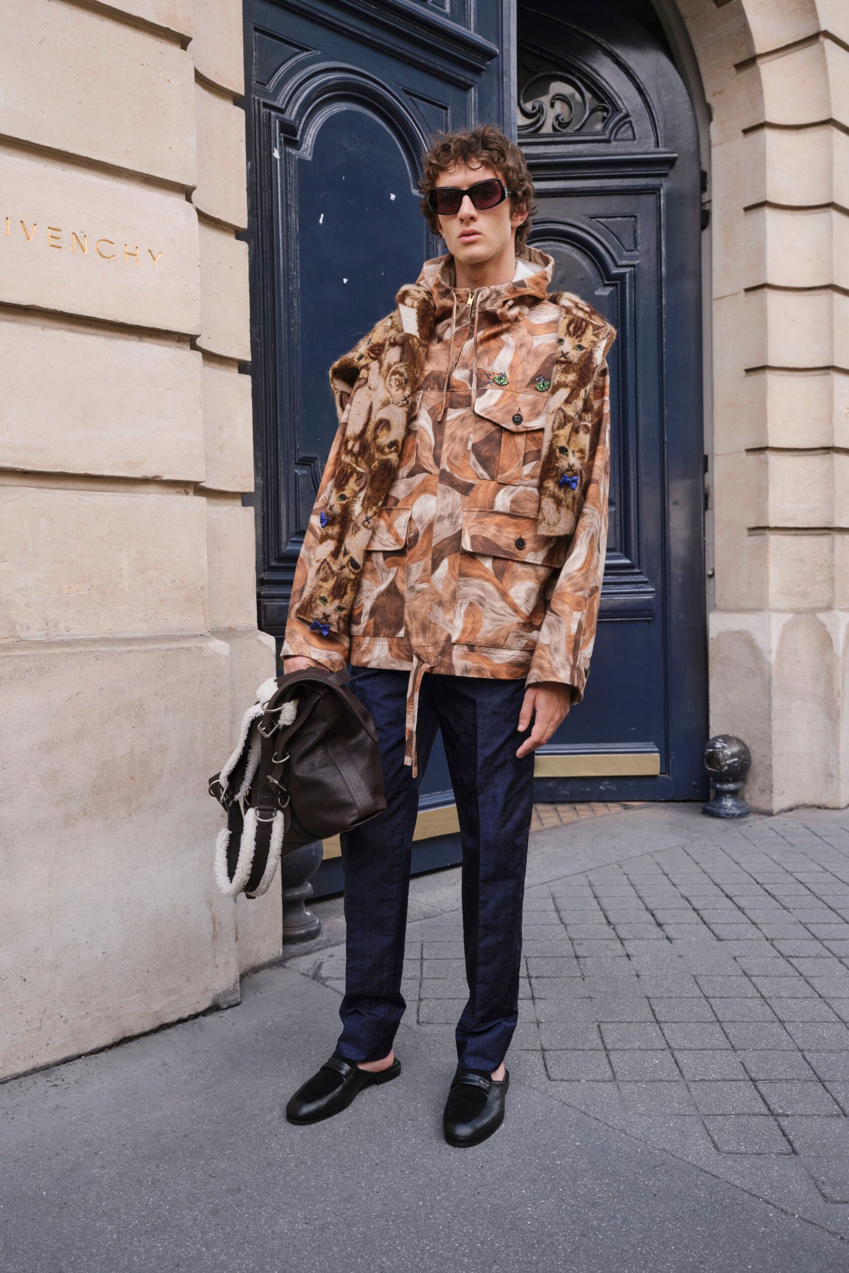brown cotton long-sleeve collared oversized printed jacket