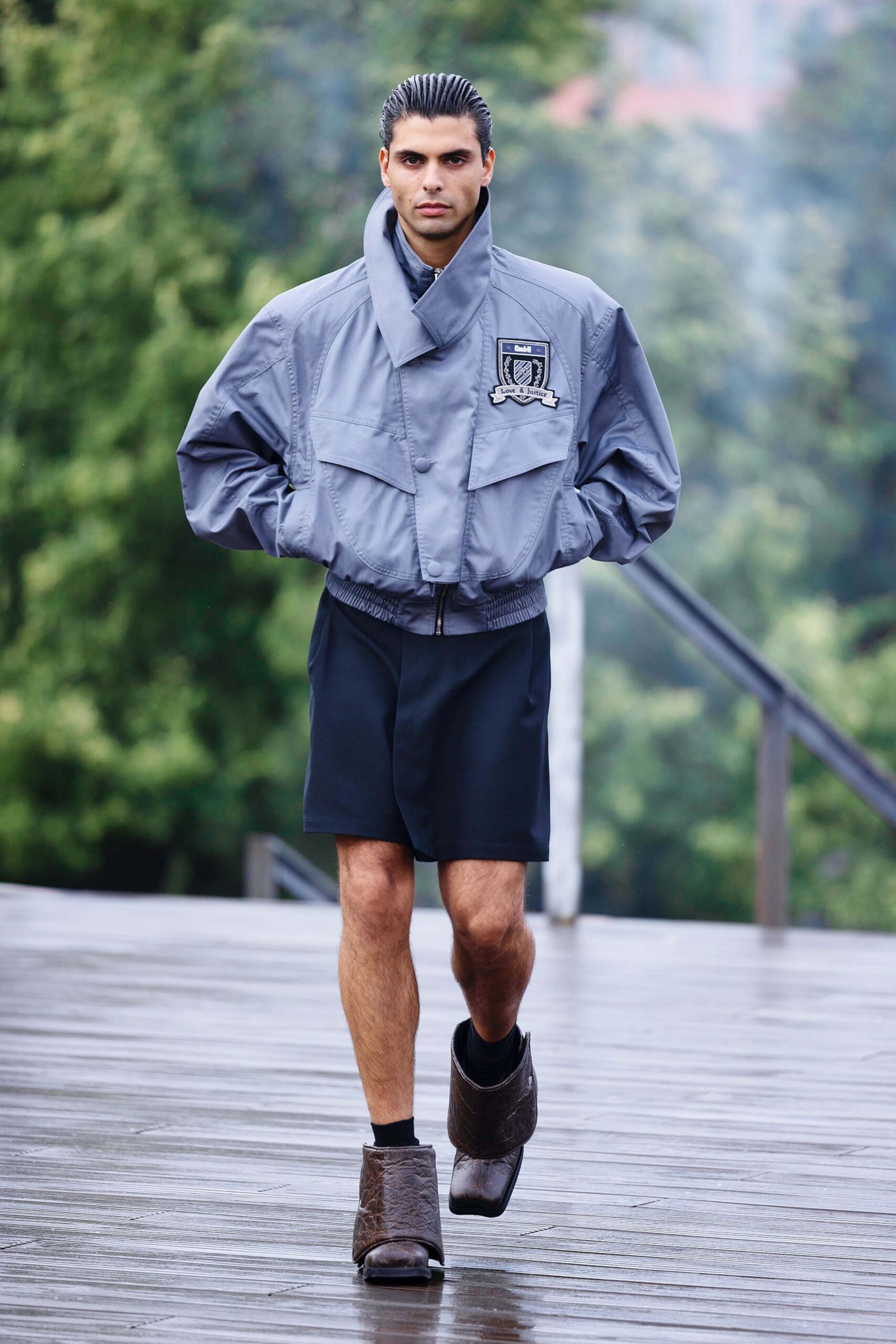 gray relaxed jacket with black shorts