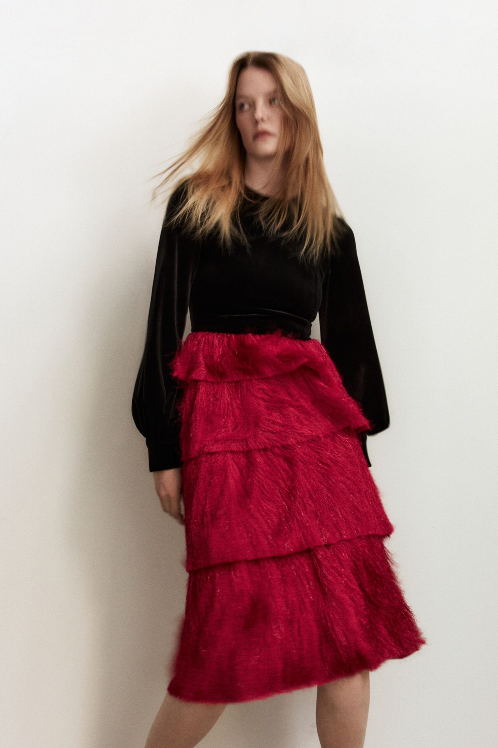 black velvet top red faux-fur skirt