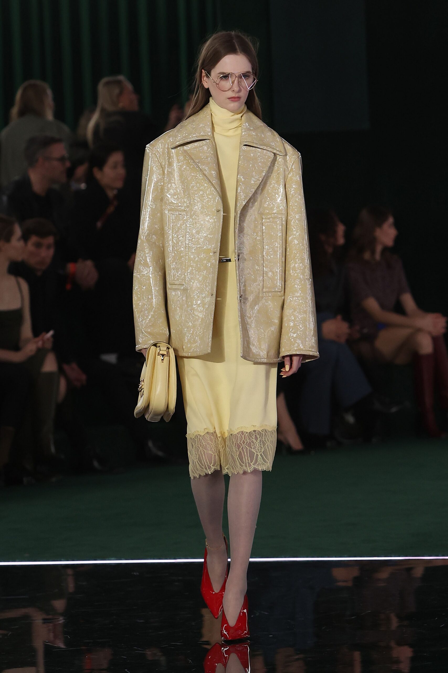 yellow vinyl long-sleeve collared oversized zippered shiny coat