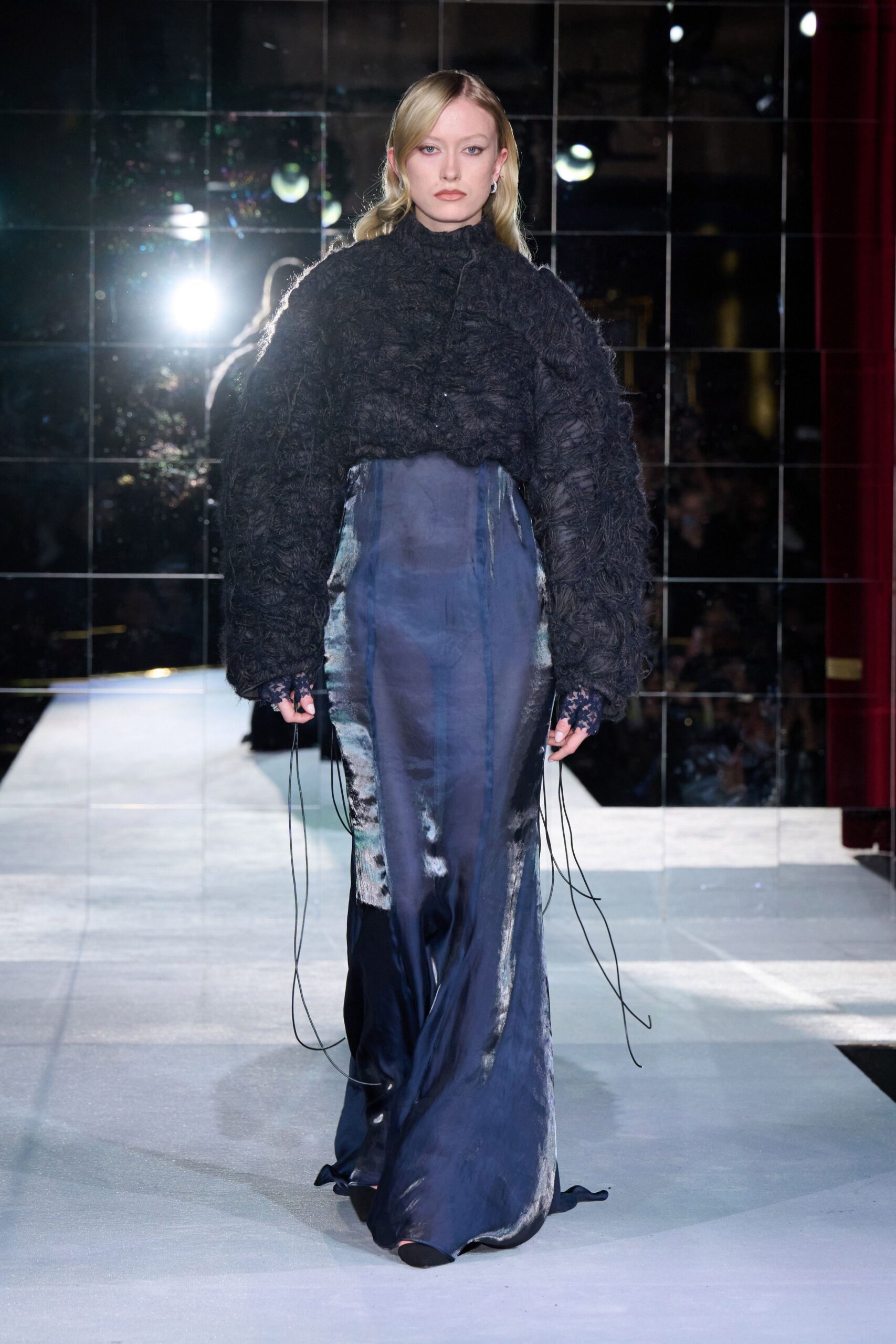 blue silk long-sleeve v-neck fitted layered flowing dress