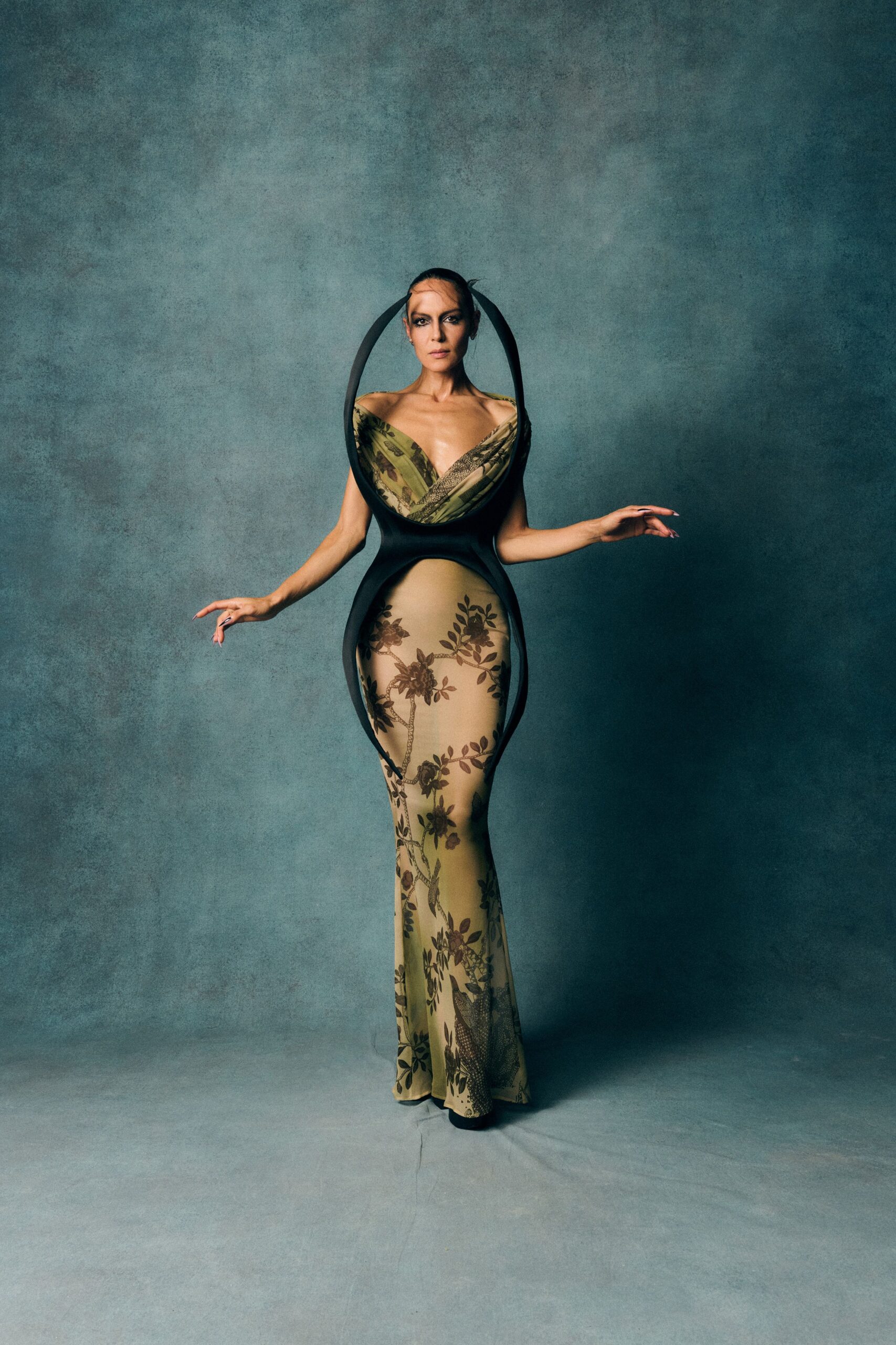 green black floral sheer gown