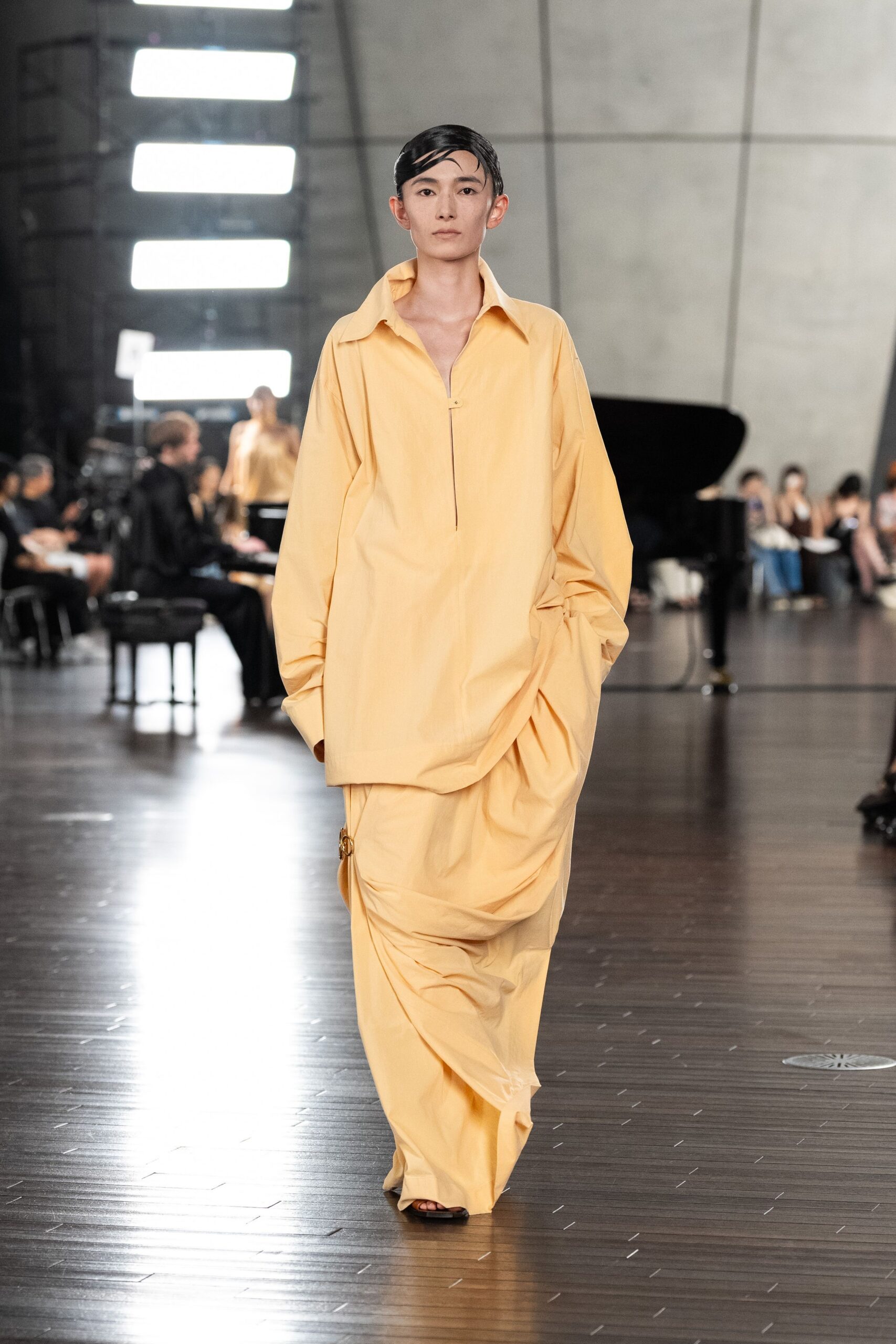 yellow cotton long-sleeve collared oversized draped midi dress