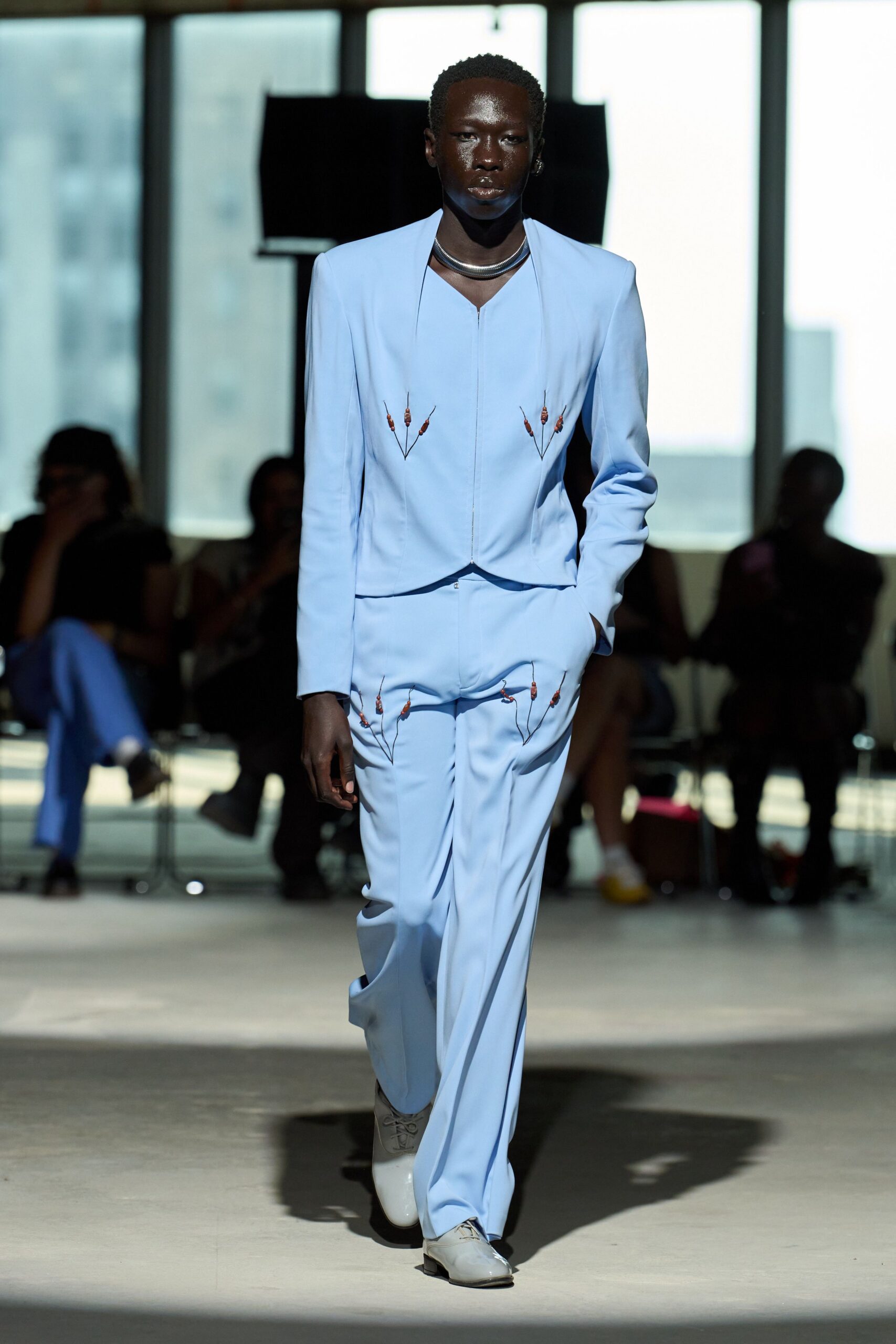 blue cotton long-sleeve collared tailored buttoned embroidered suit