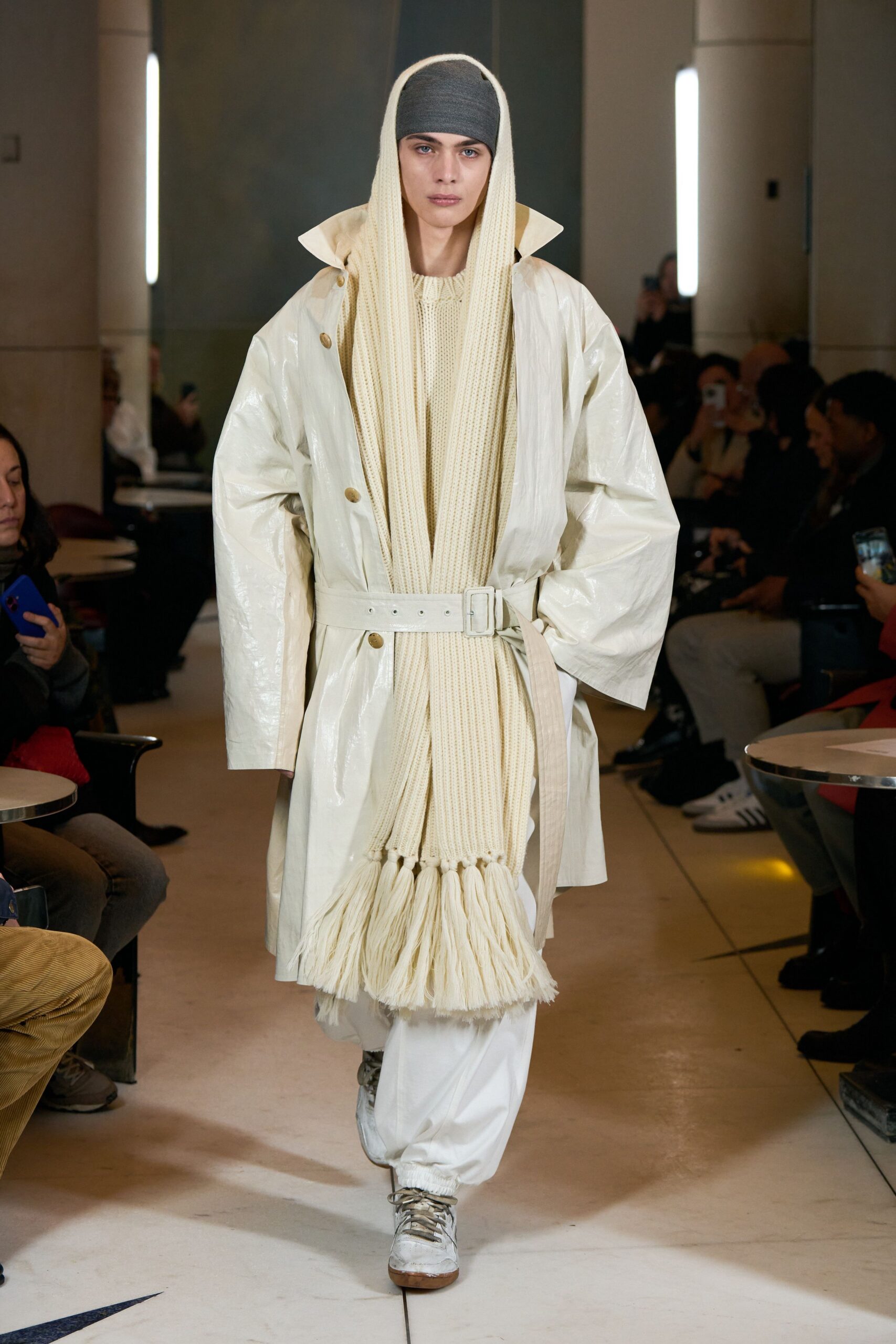 white vinyl long-sleeve collared relaxed belted coat