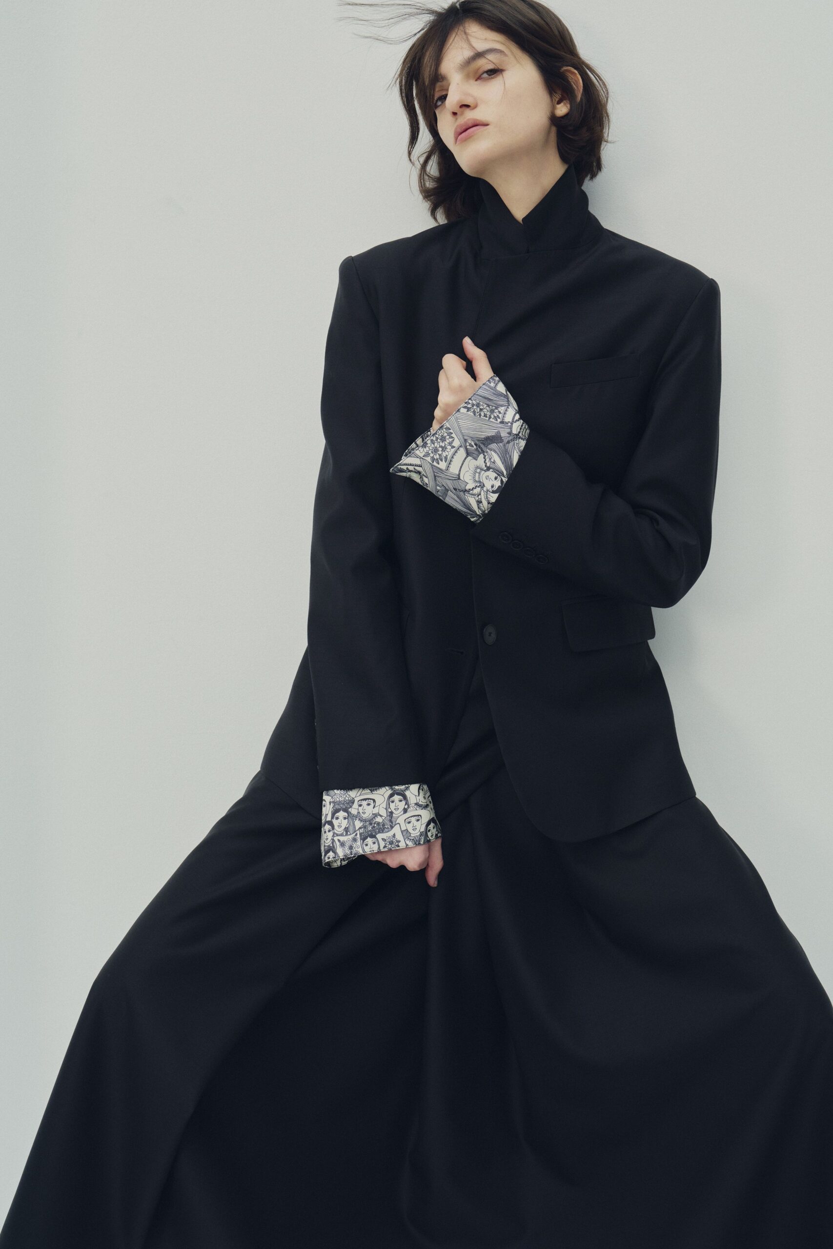 black structured blazer and skirt