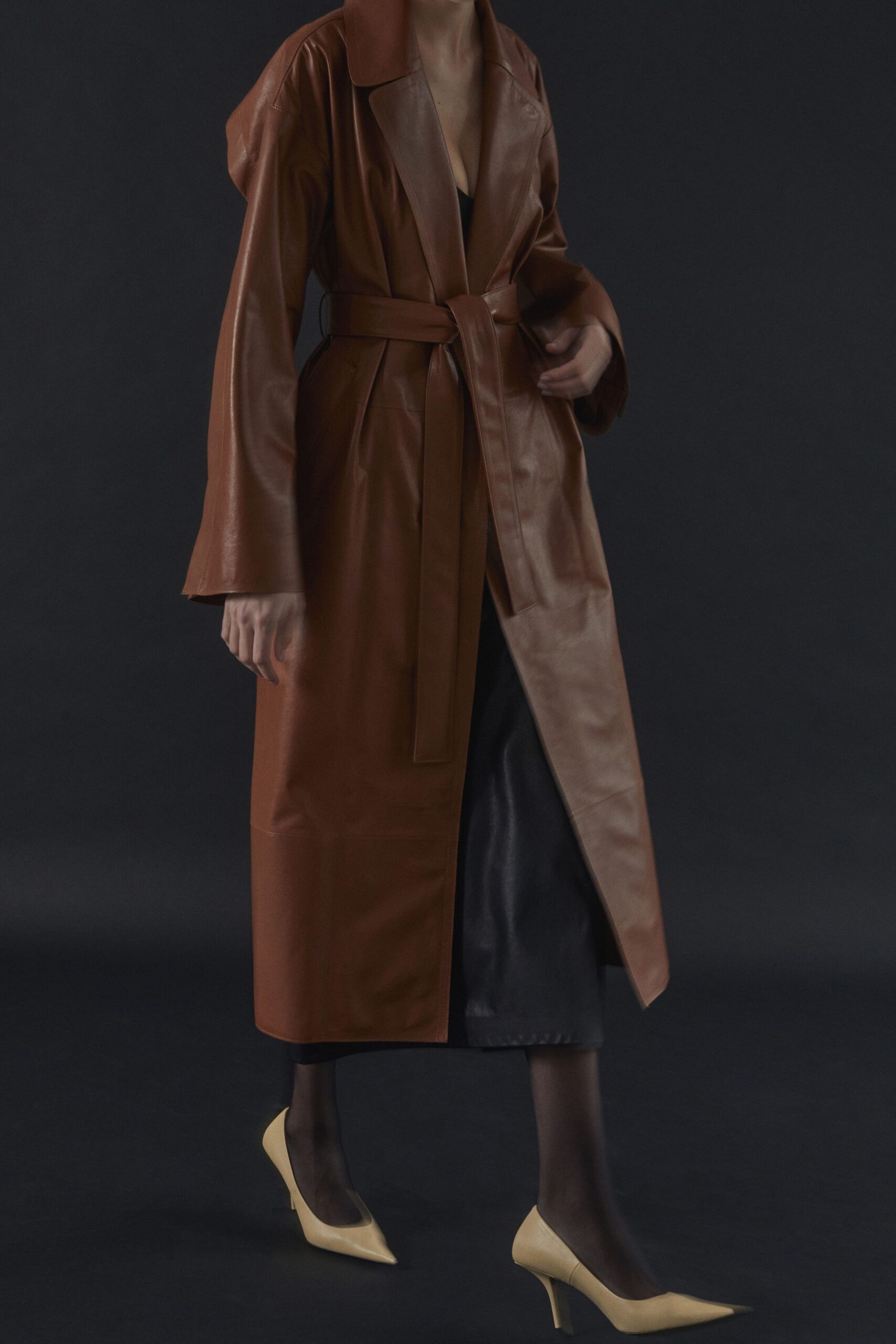 brown leather long-sleeve collared relaxed belted coat