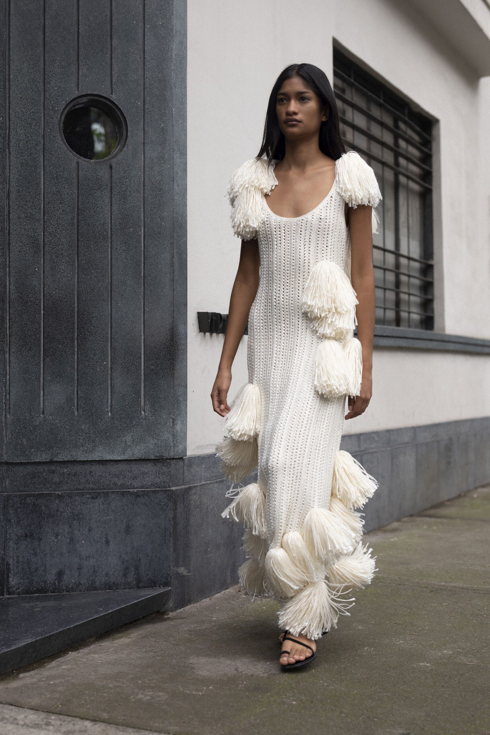 white fringed maxi dress