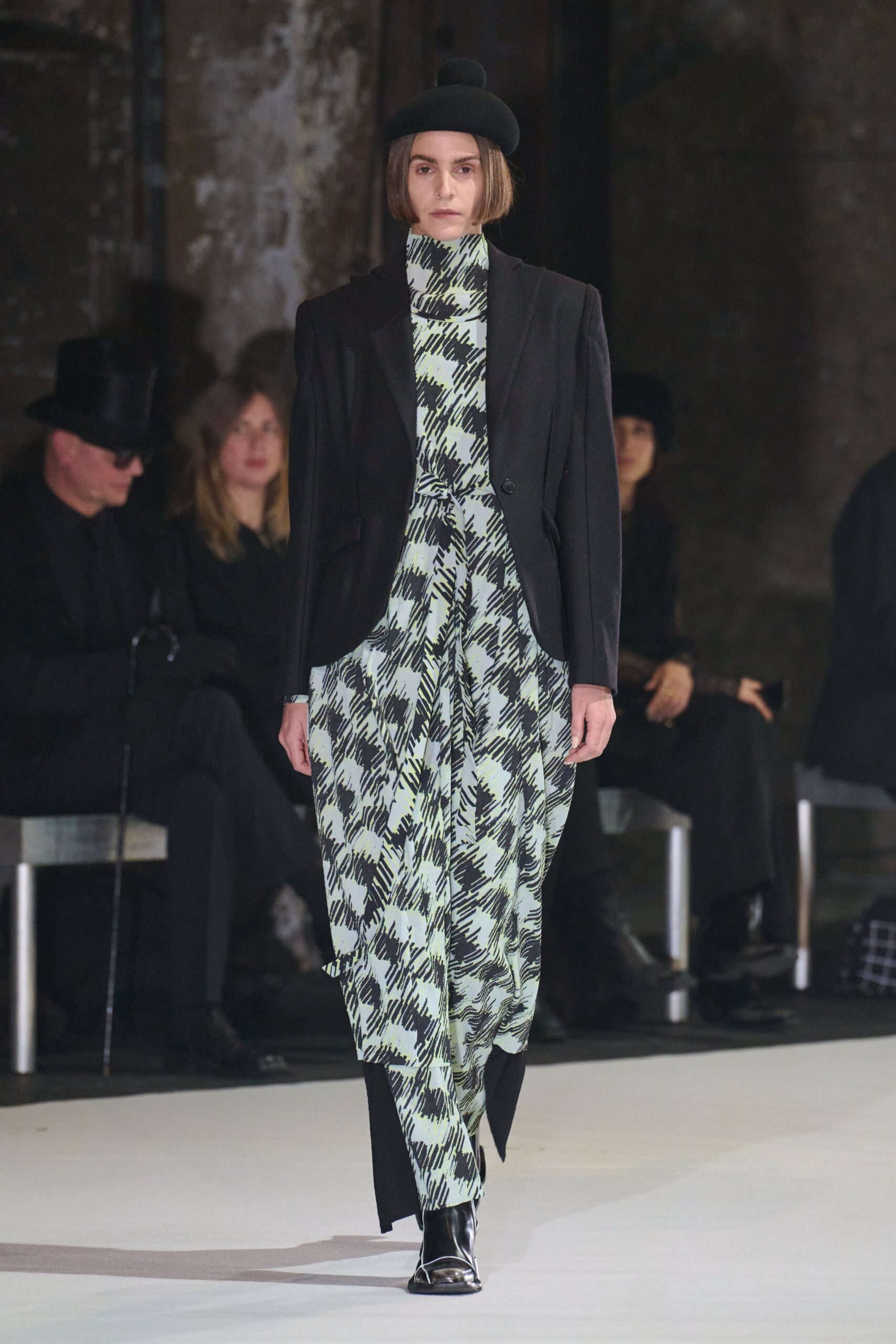black and green printed midi dress with blazer