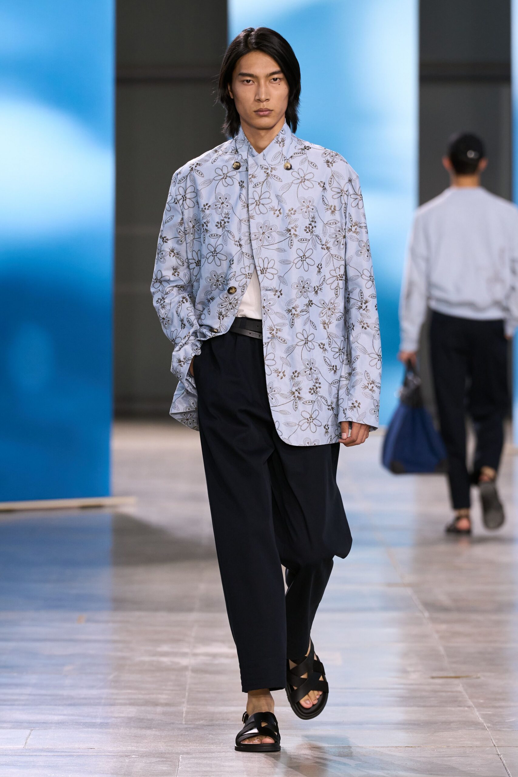blue printed shirt with black pants