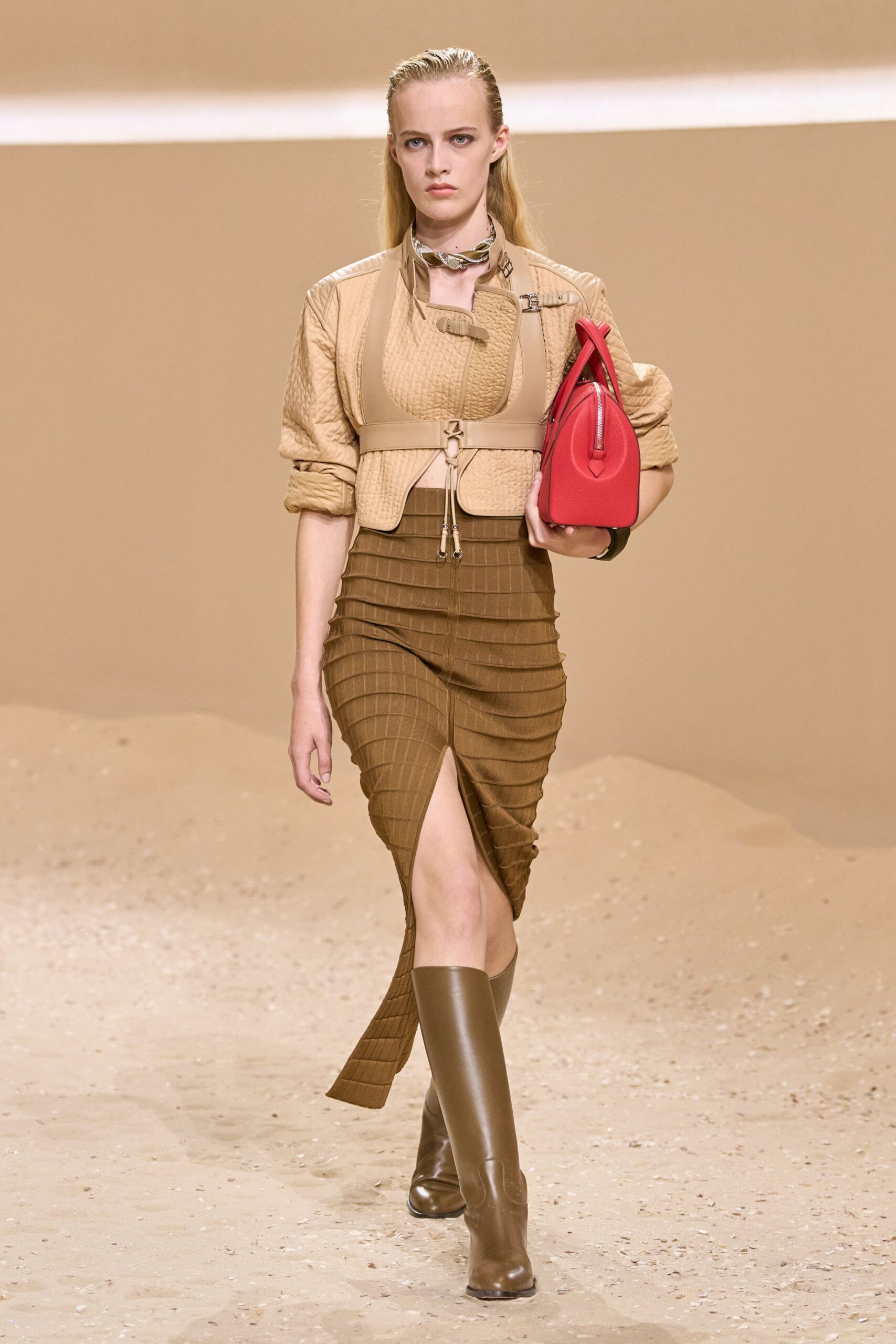 brown cotton slit fitted high-waisted pleated skirt