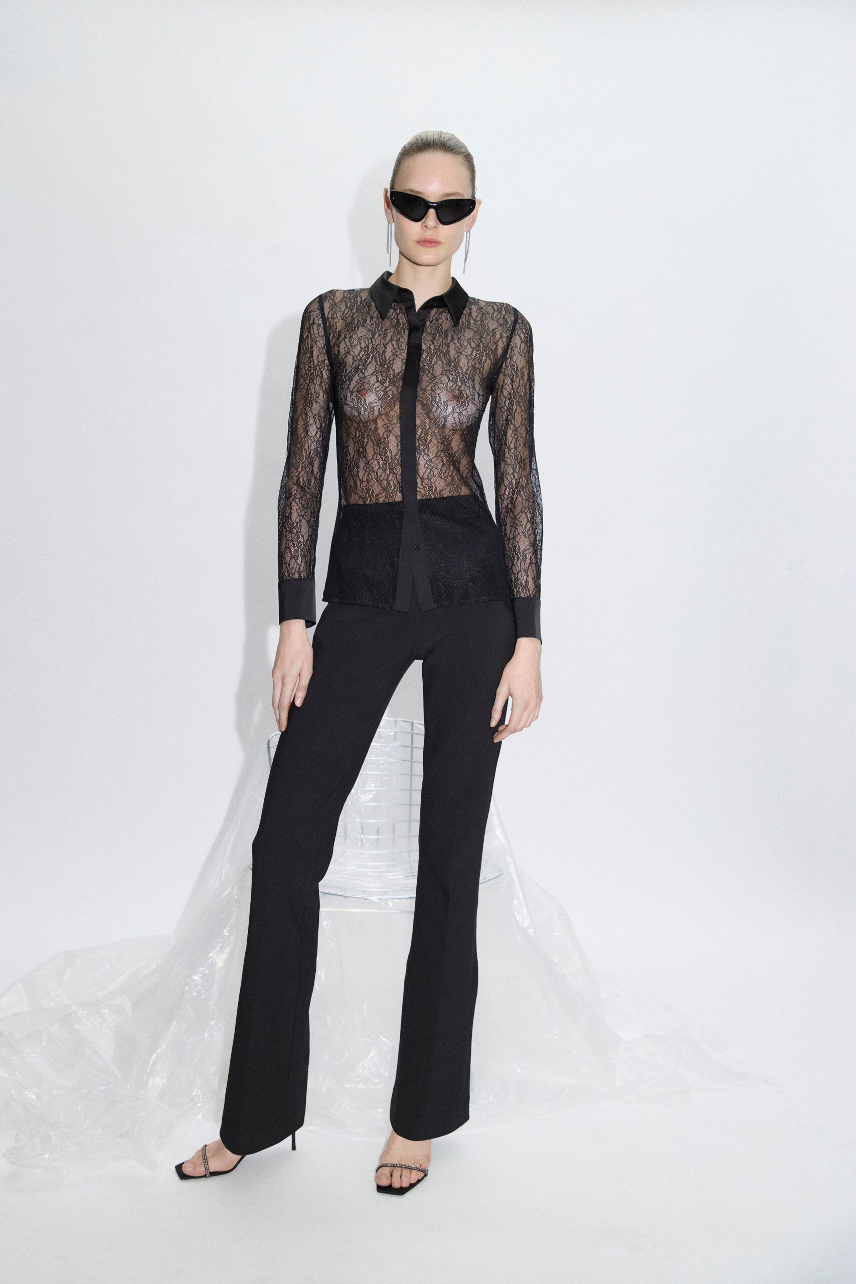 black lace long-sleeve collared fitted sheer shirt