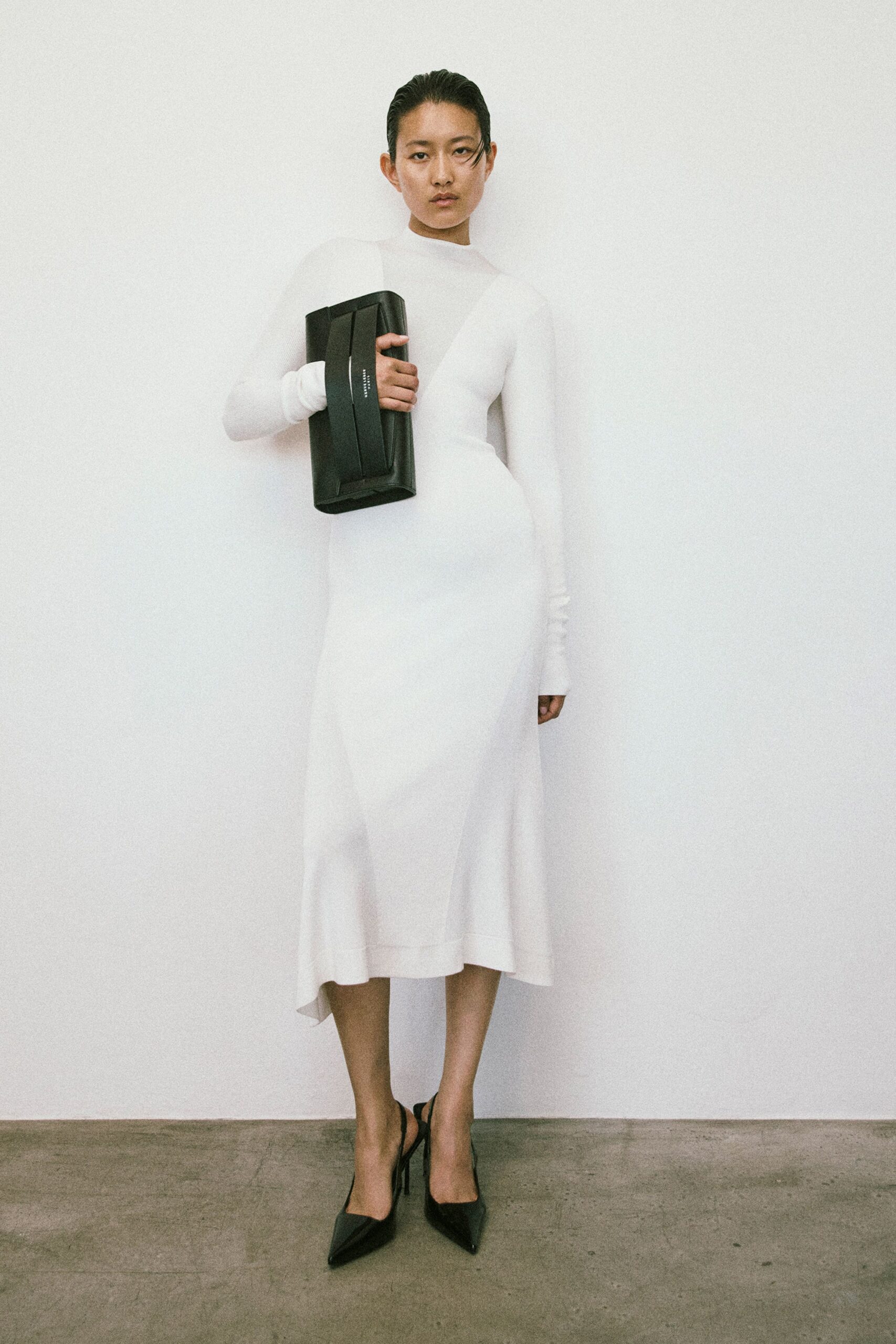 white cotton long-sleeve high-neck fitted straight-leg midi dress