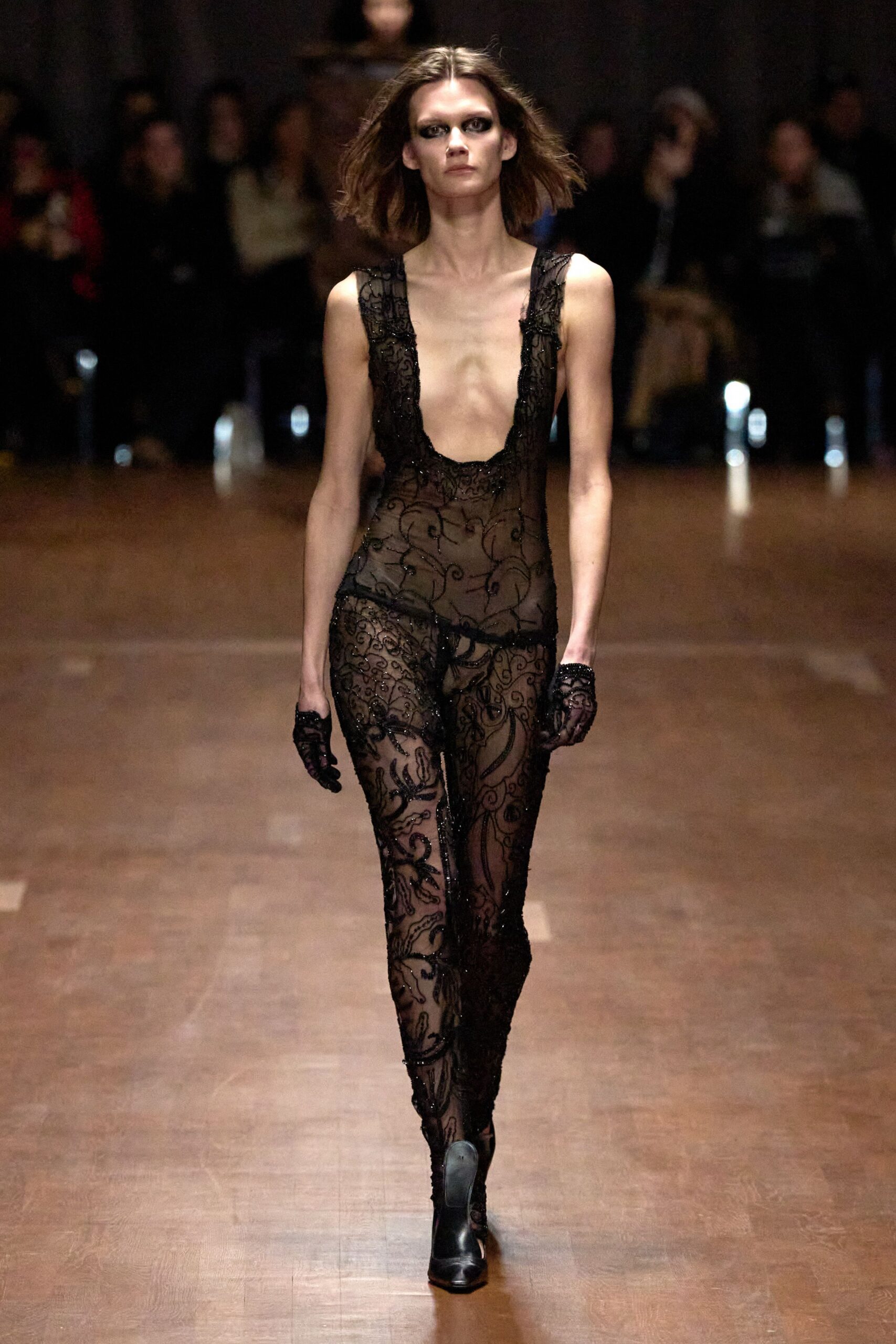 black lace sleeveless v-neck fitted embroidered sheer catsuit