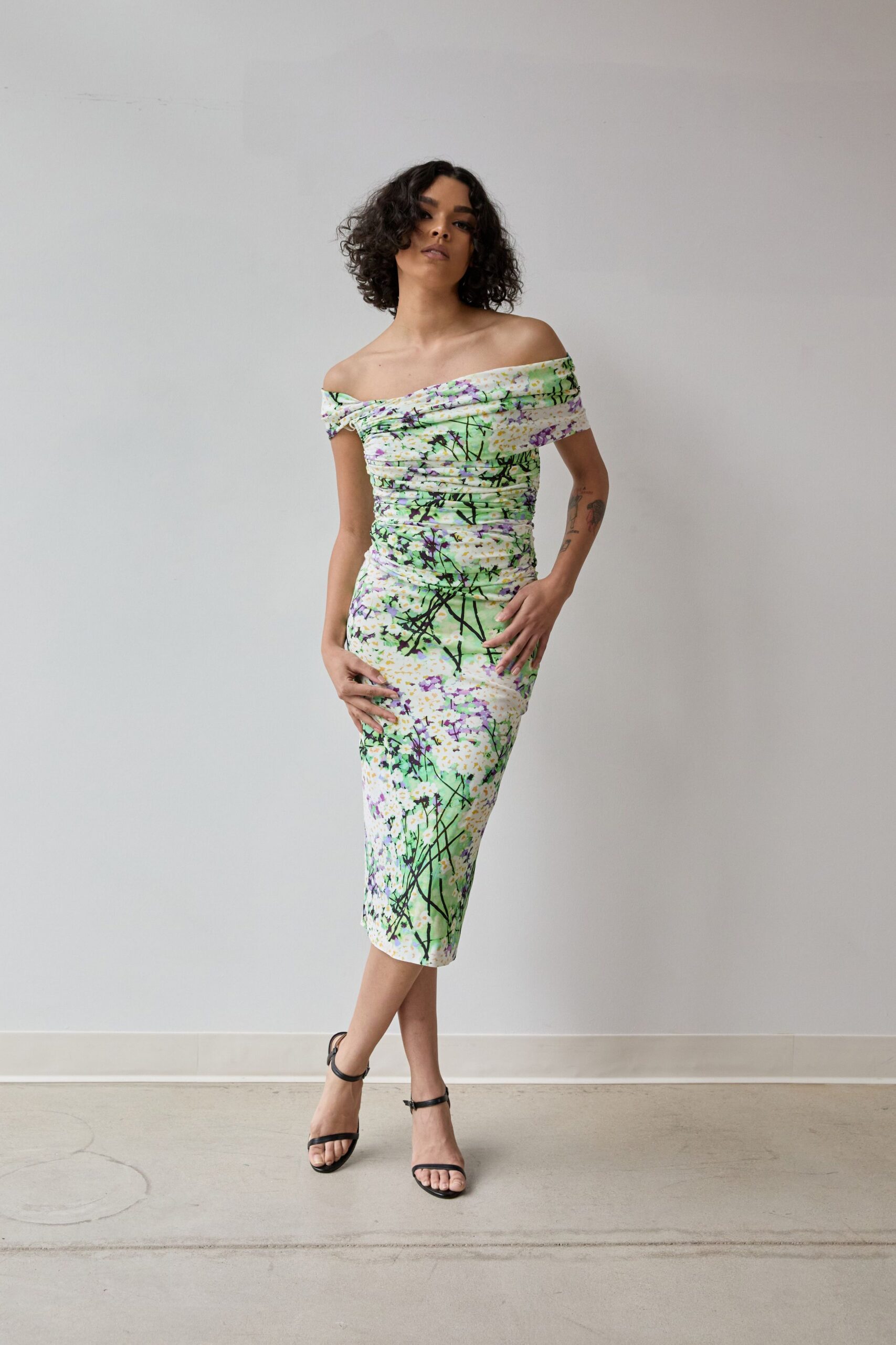 floral off-shoulder midi dress with strappy heels