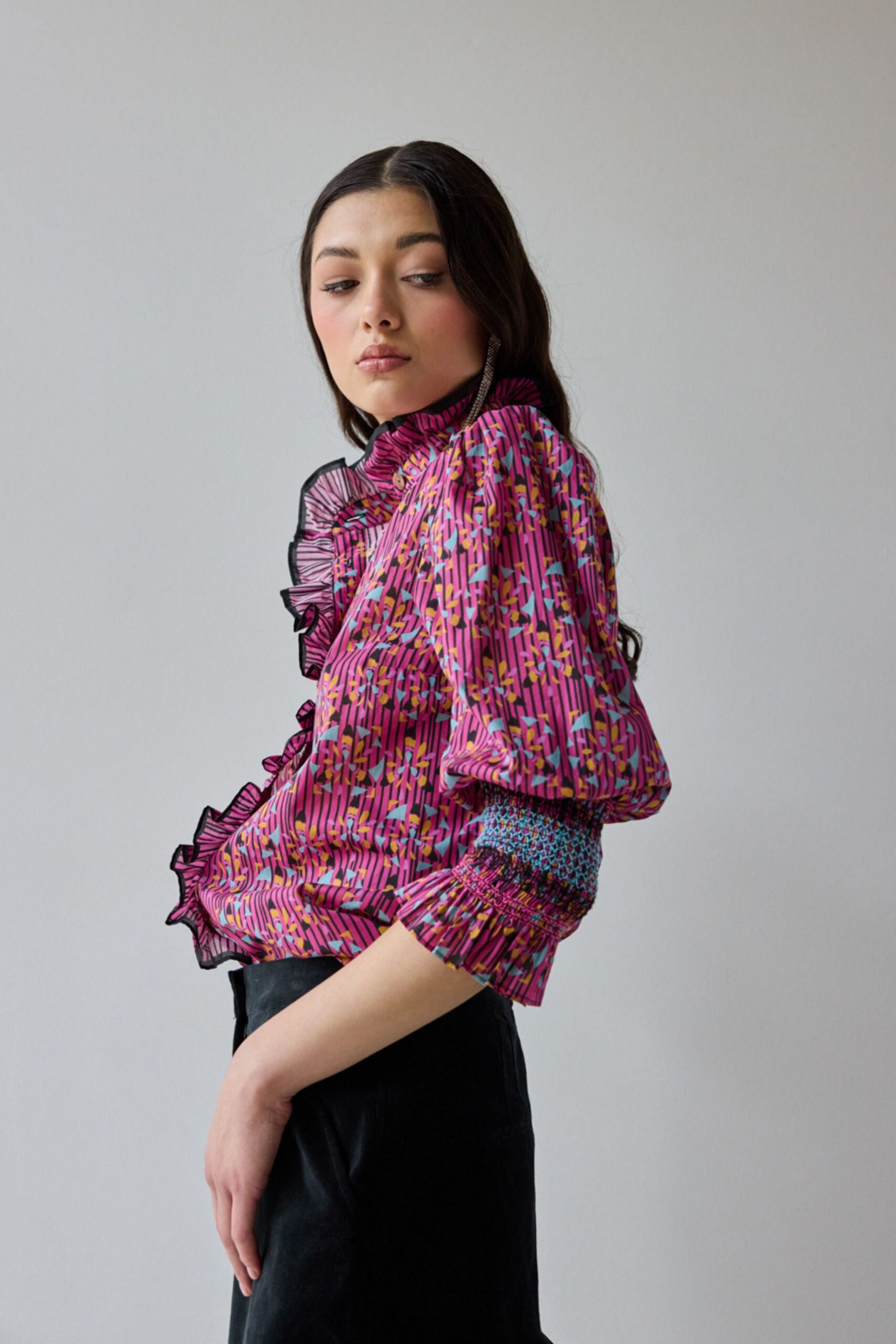 pink silk long-sleeve high-neck fitted ruffled embroidered blouse
