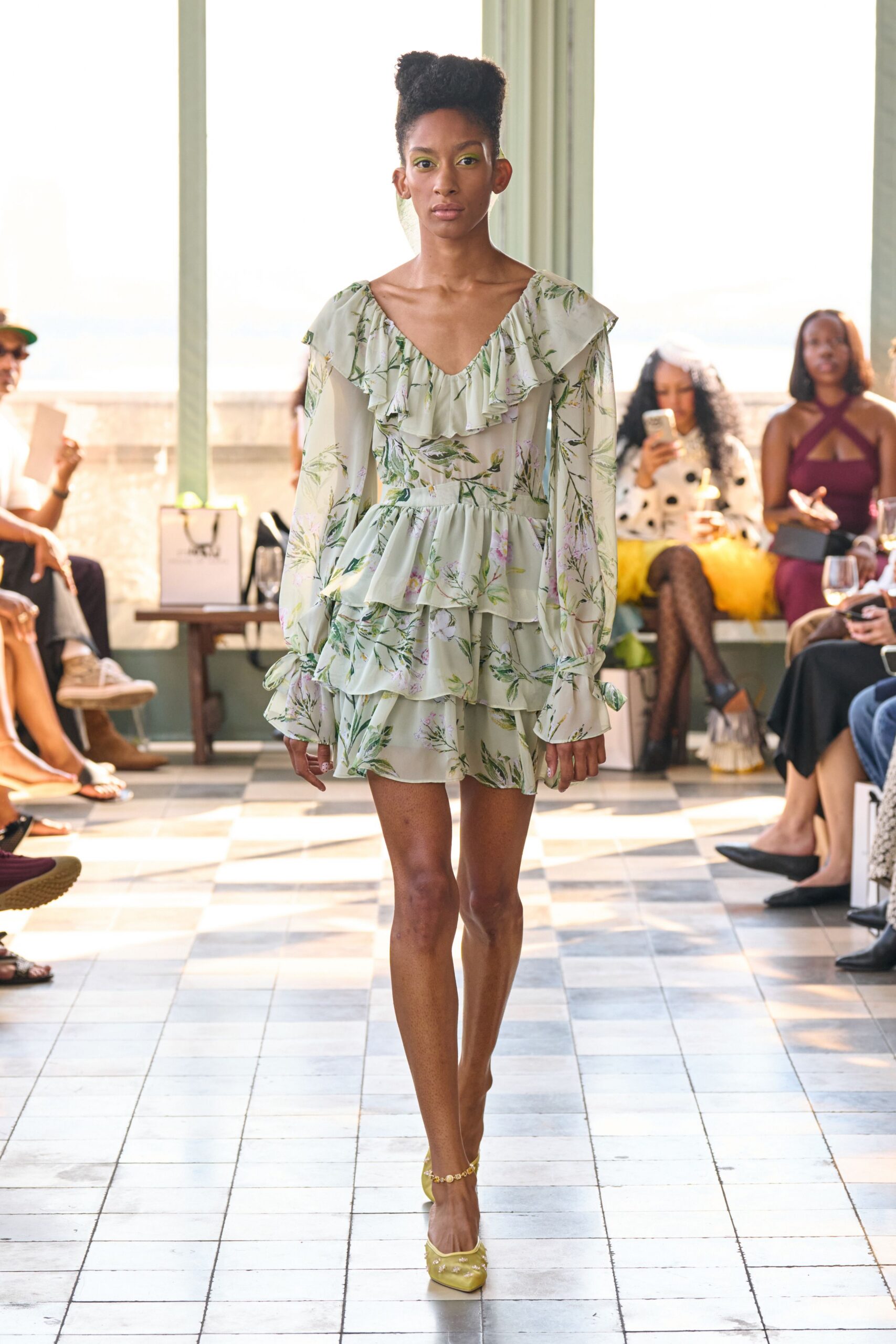 green chiffon long-sleeve v-neck fitted ruffled tiered dress