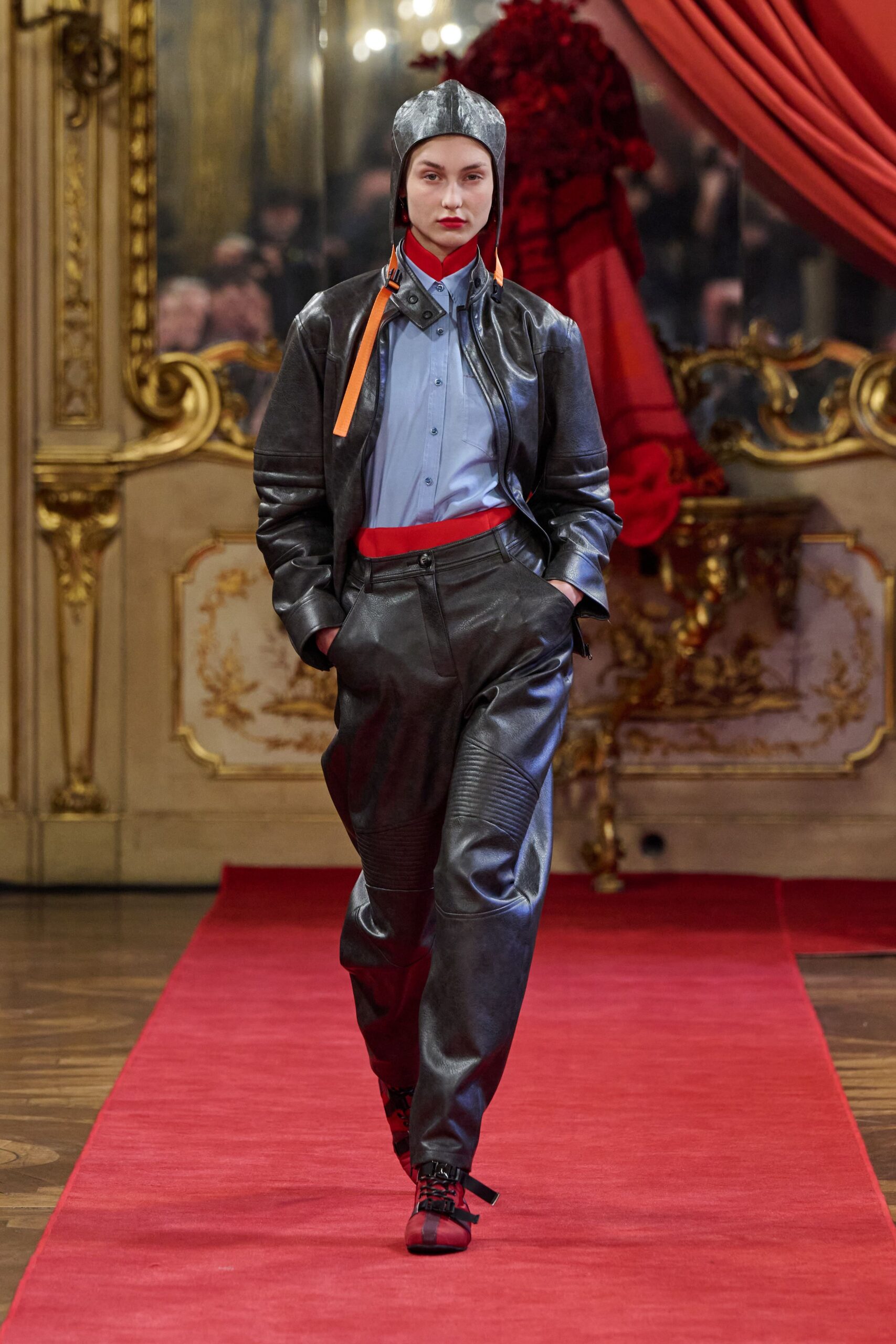 black leather jacket with blue shirt