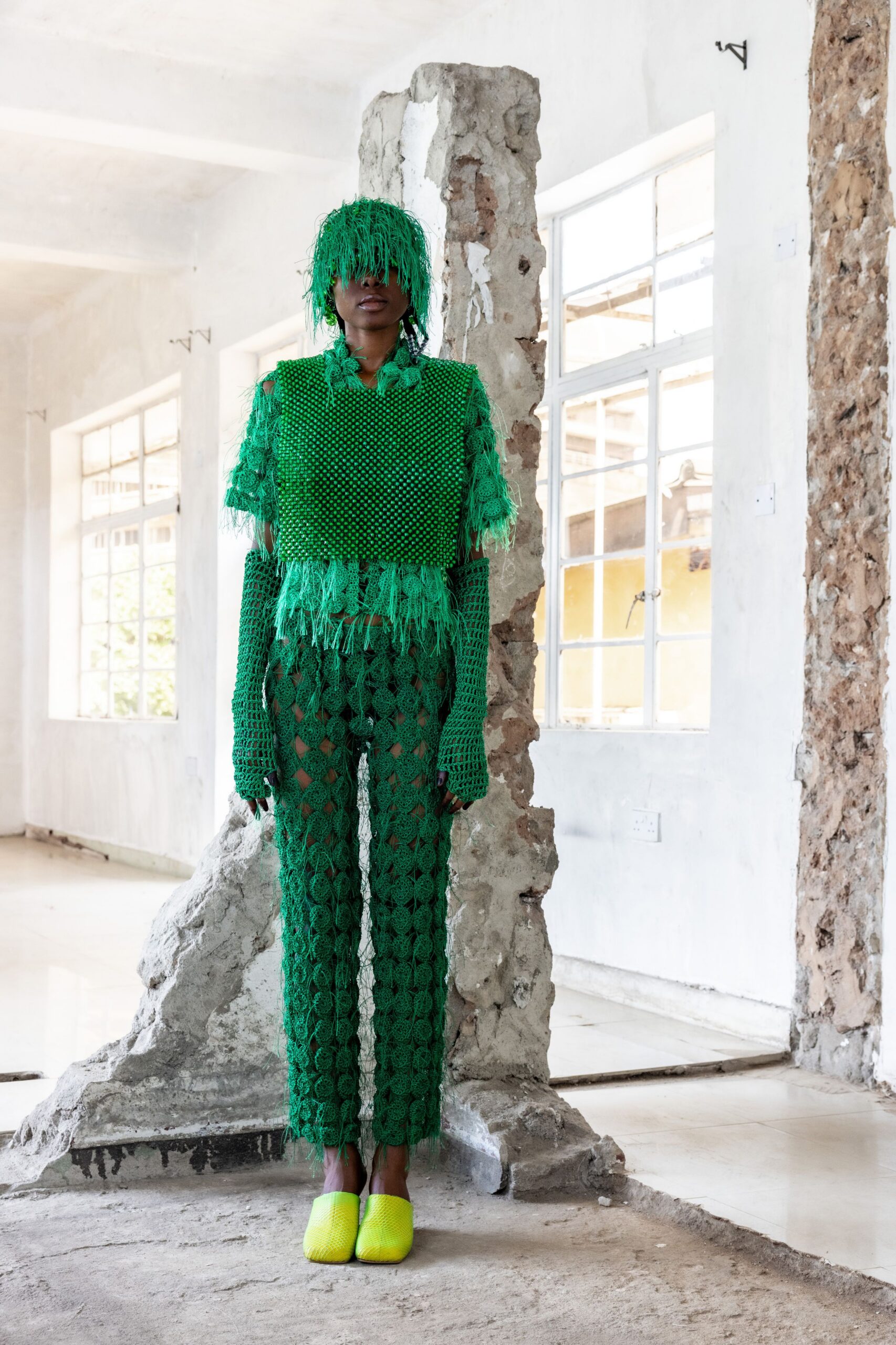 green crochet top and pants