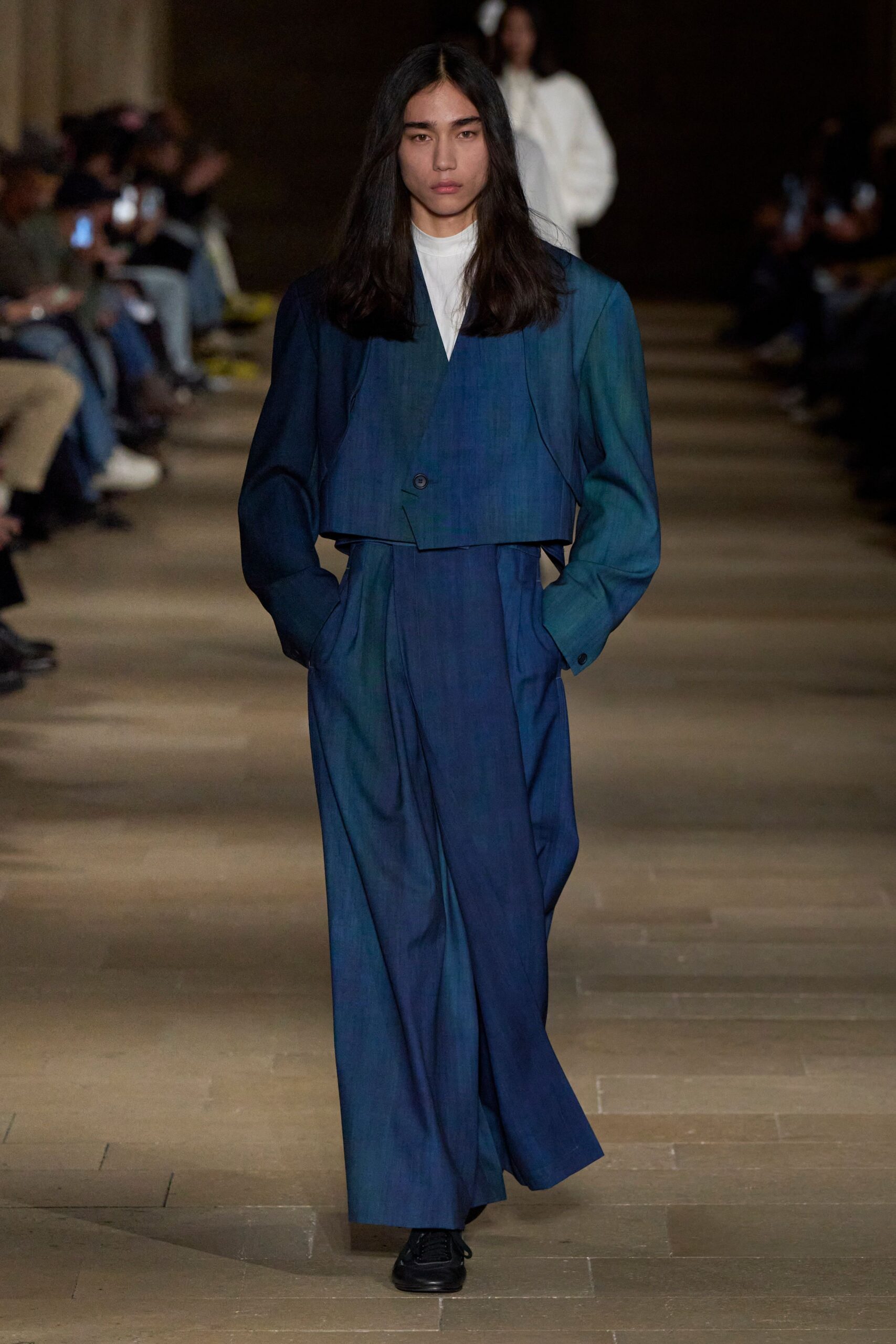 blue green tailored blazer with relaxed pants