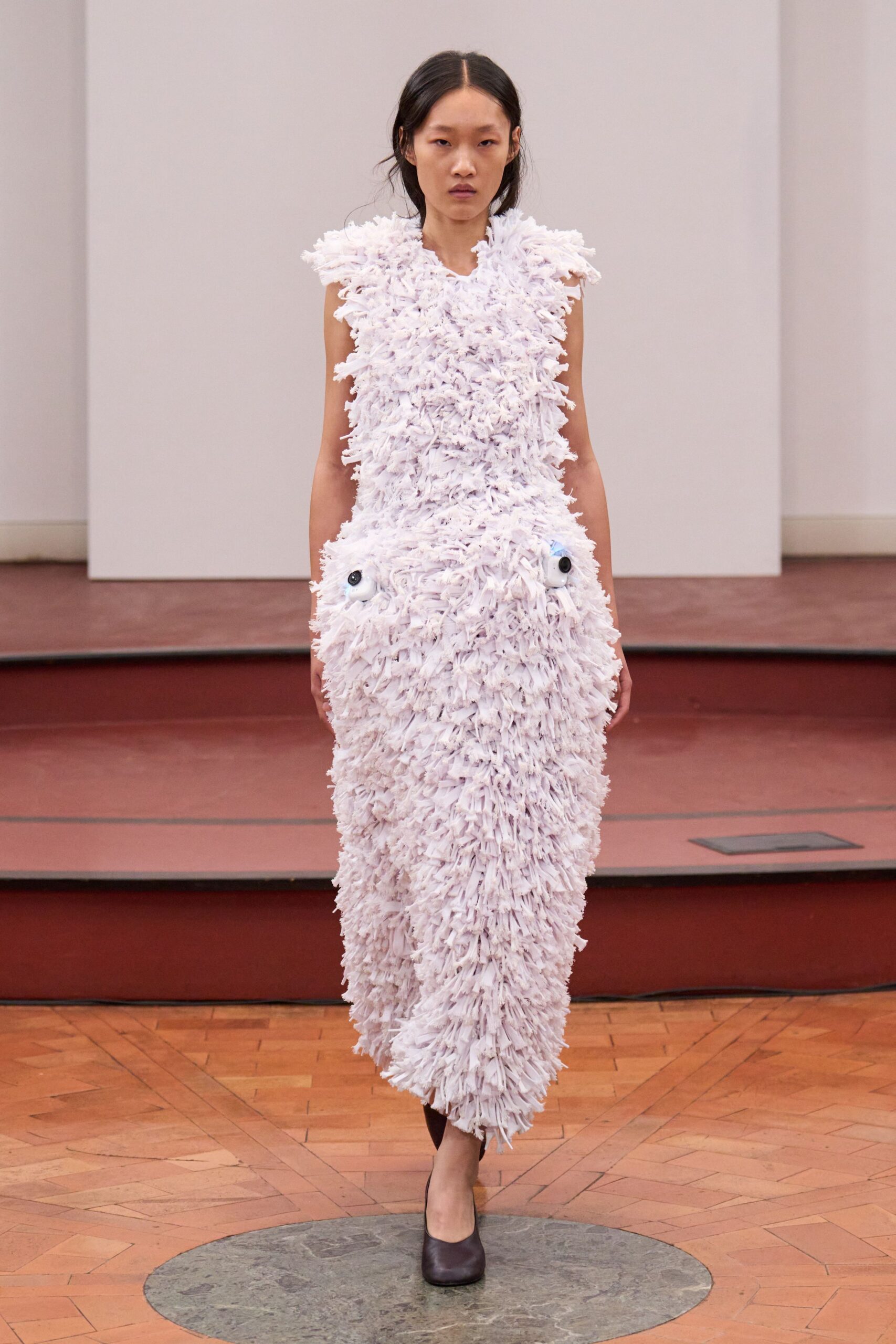white ruffled midi dress with black shoes