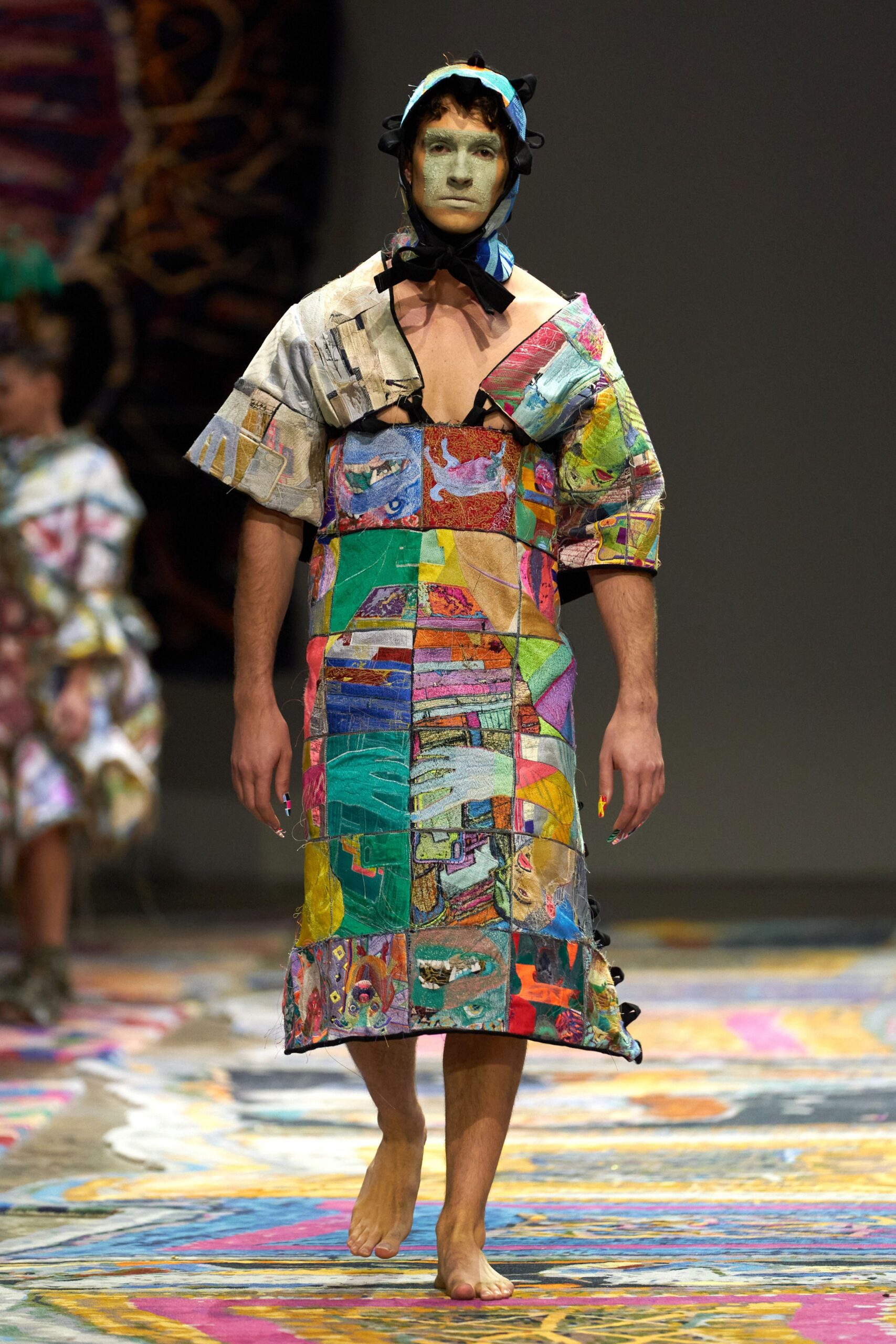 multi cotton short-sleeve v-neck relaxed patchwork midi dress