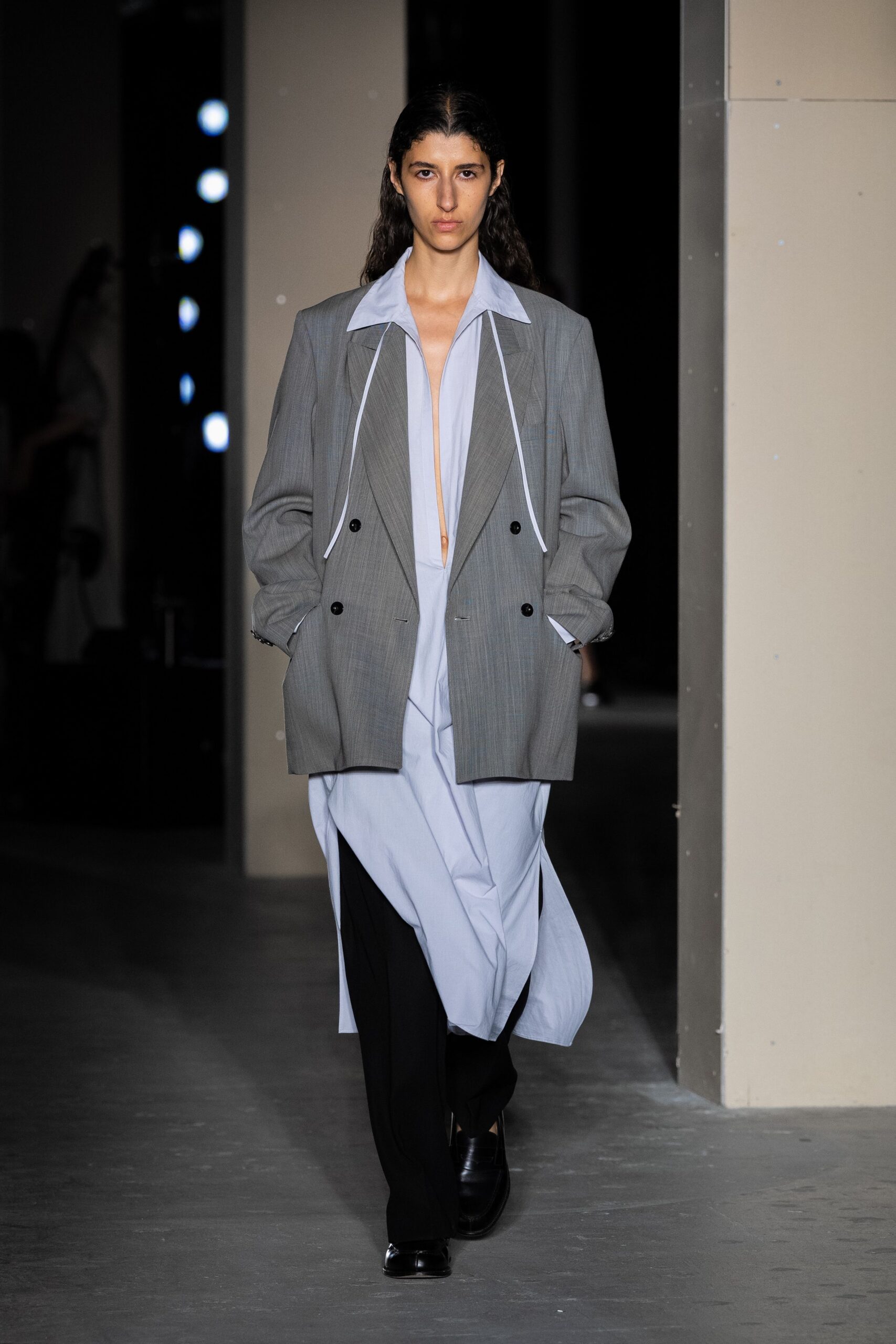 oversized gray blazer with light blue dress