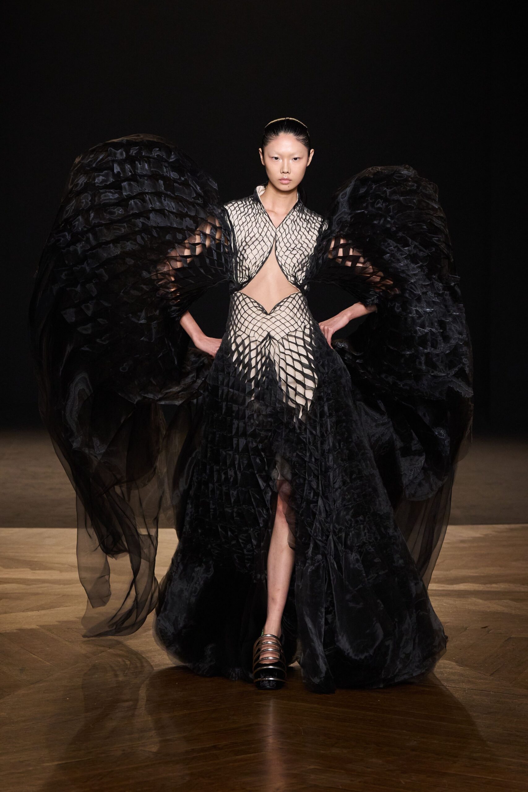 black silk flowing gown