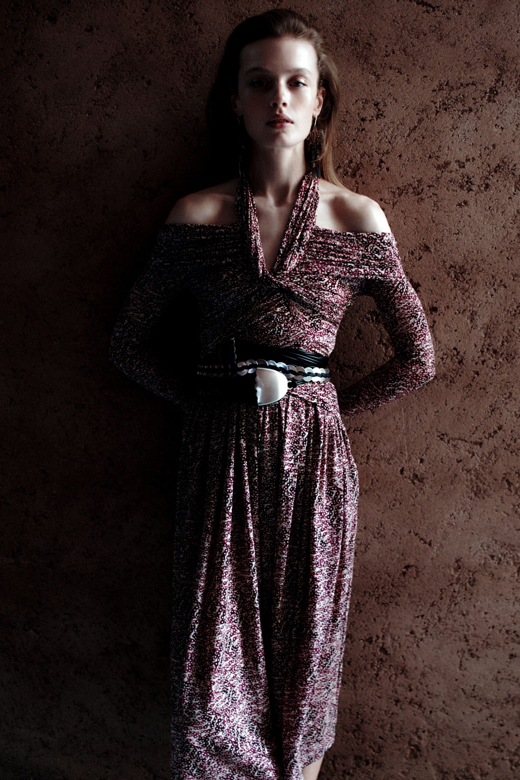 red silk long-sleeve off-shoulder fitted printed midi dress