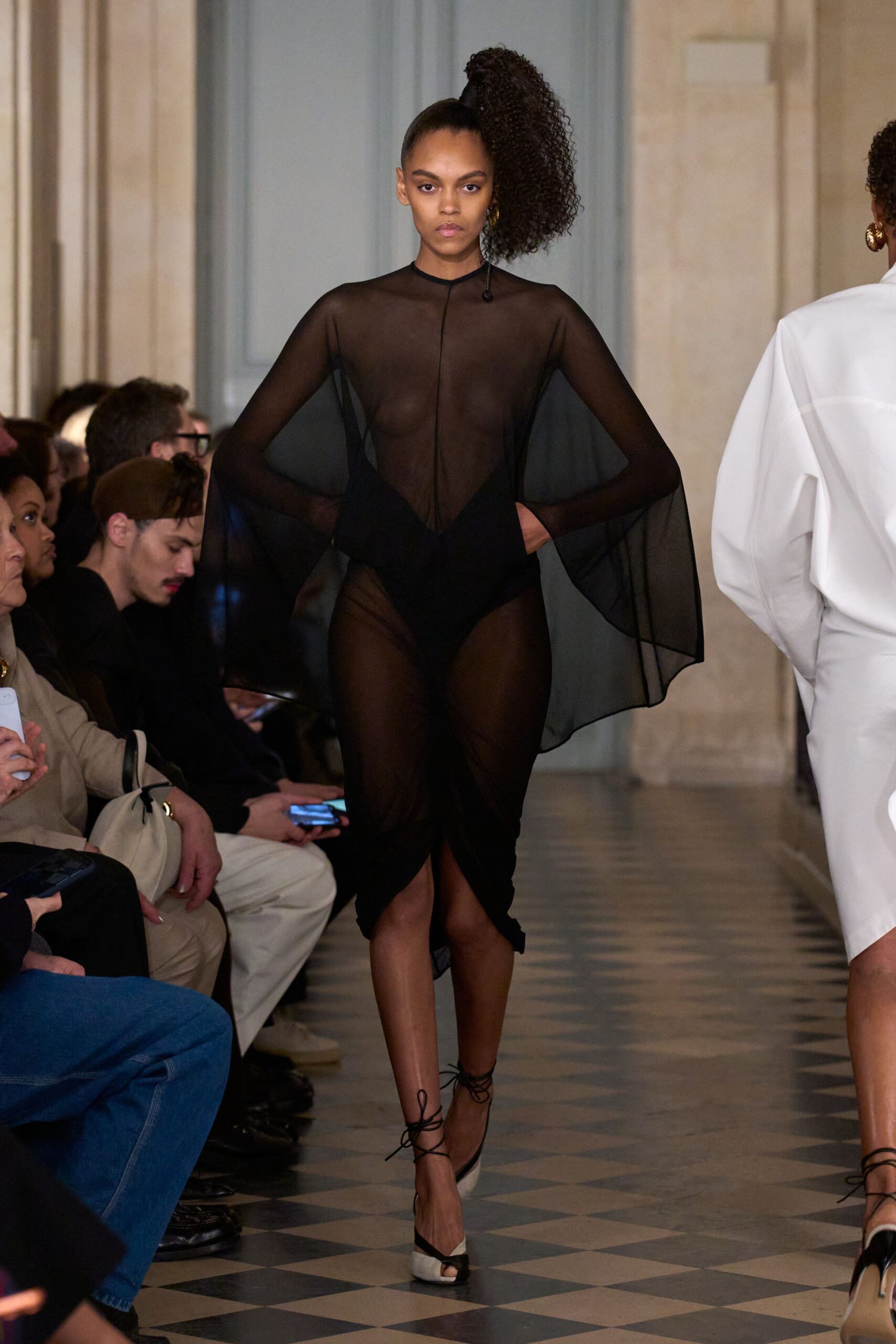 black silk sleeveless high-neck fitted draped dress