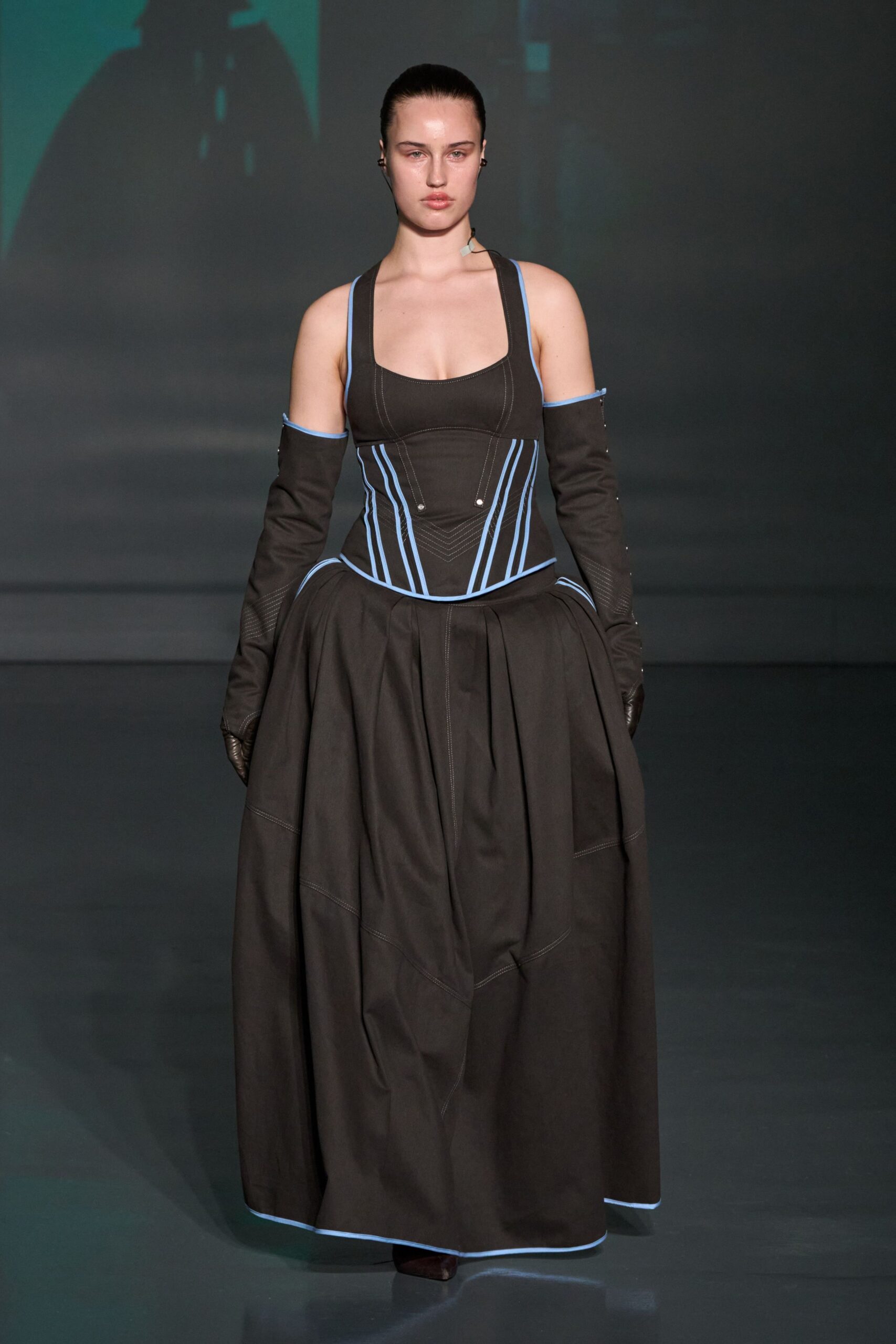 brown cotton sleeveless v-neck fitted pleated maxi gown
