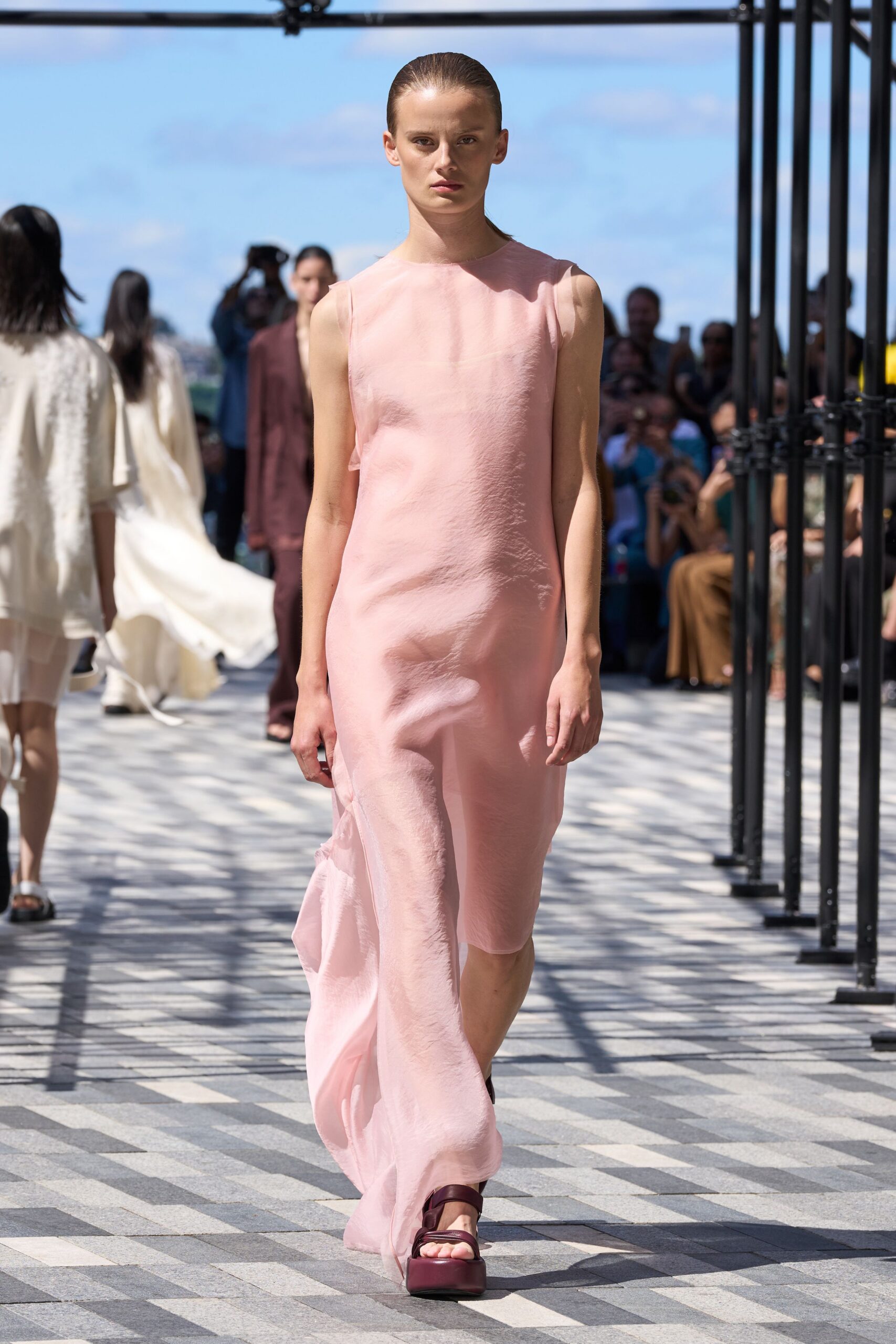 pink silk sleeveless v-neck fitted draped flowing dress
