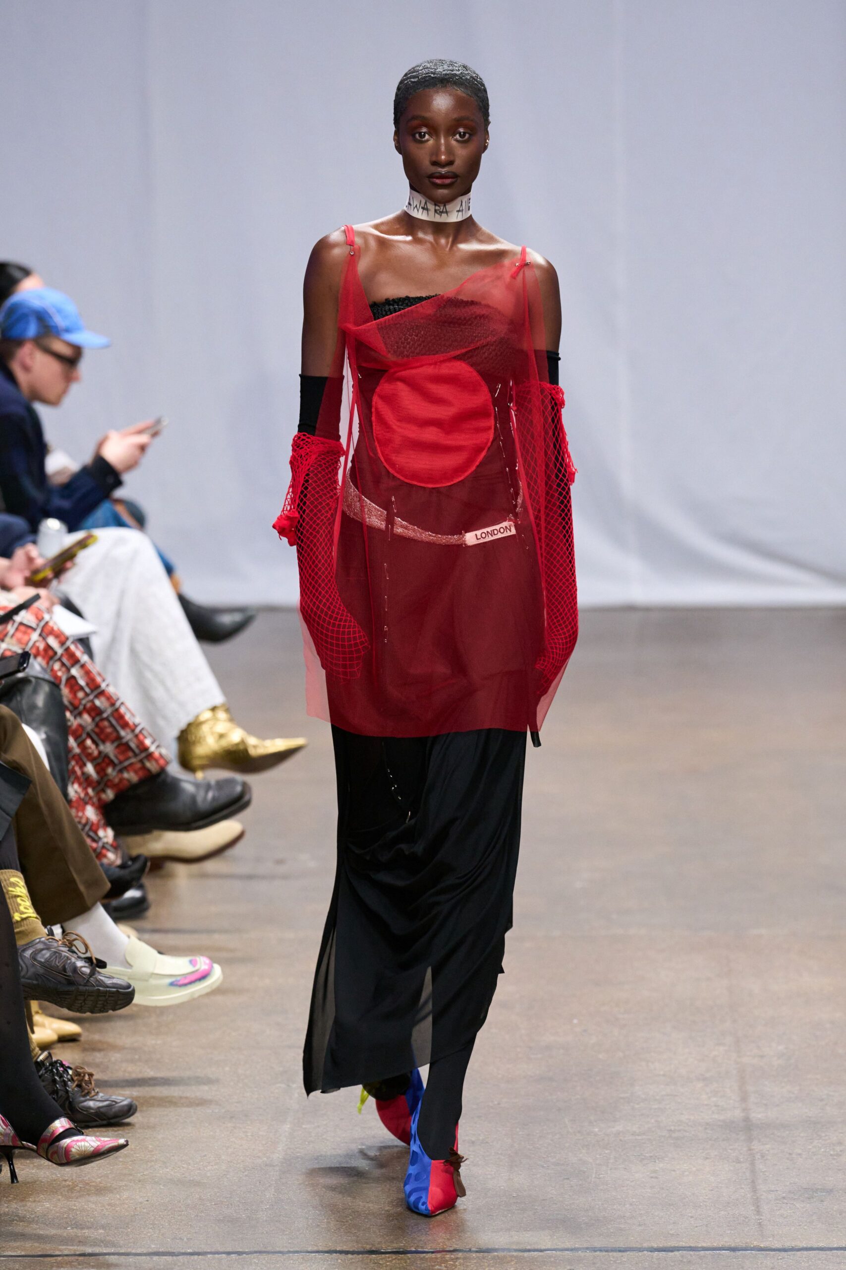 red mesh top black midi skirt