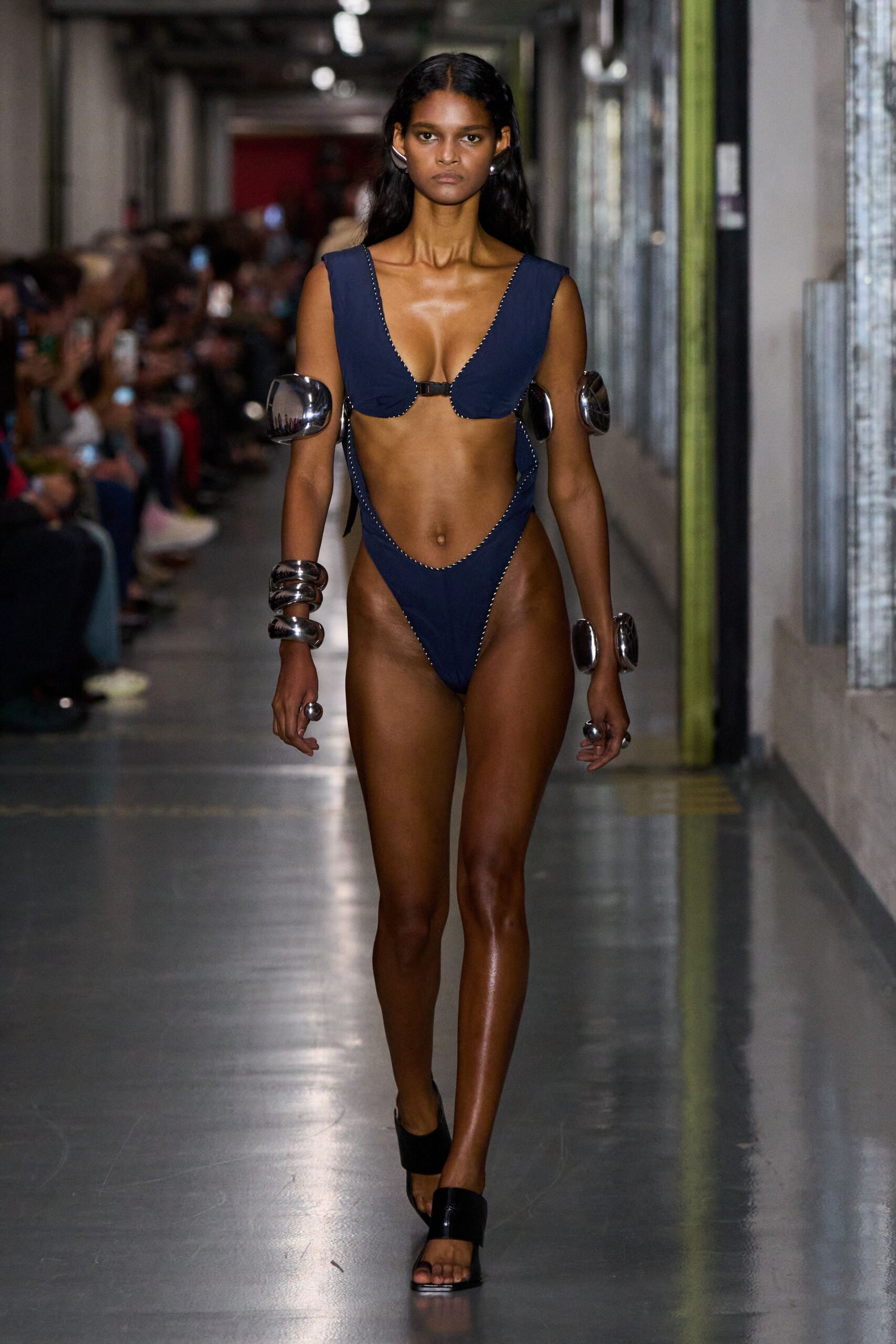 blue neoprene sleeveless low-cut fitted bikini