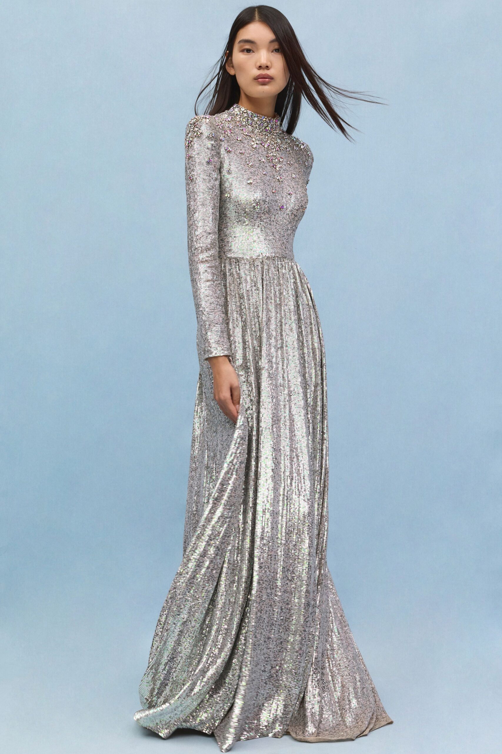 silver metallic long-sleeve gown