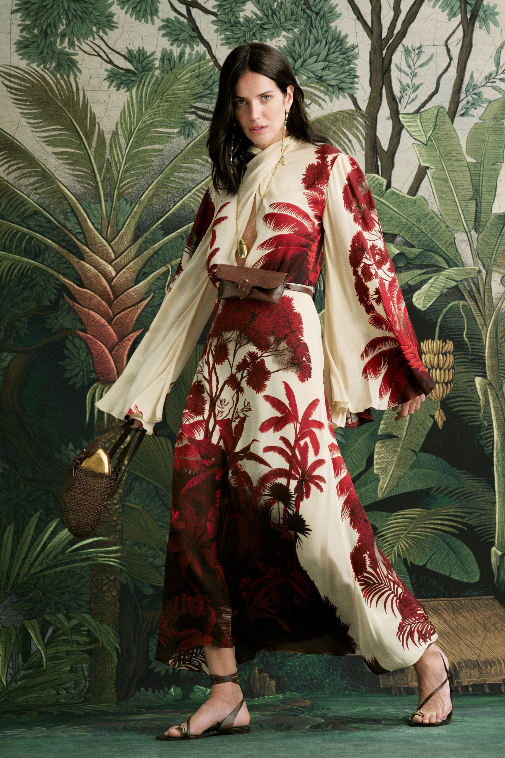 white silk long-sleeve collared fitted floral layered dress
