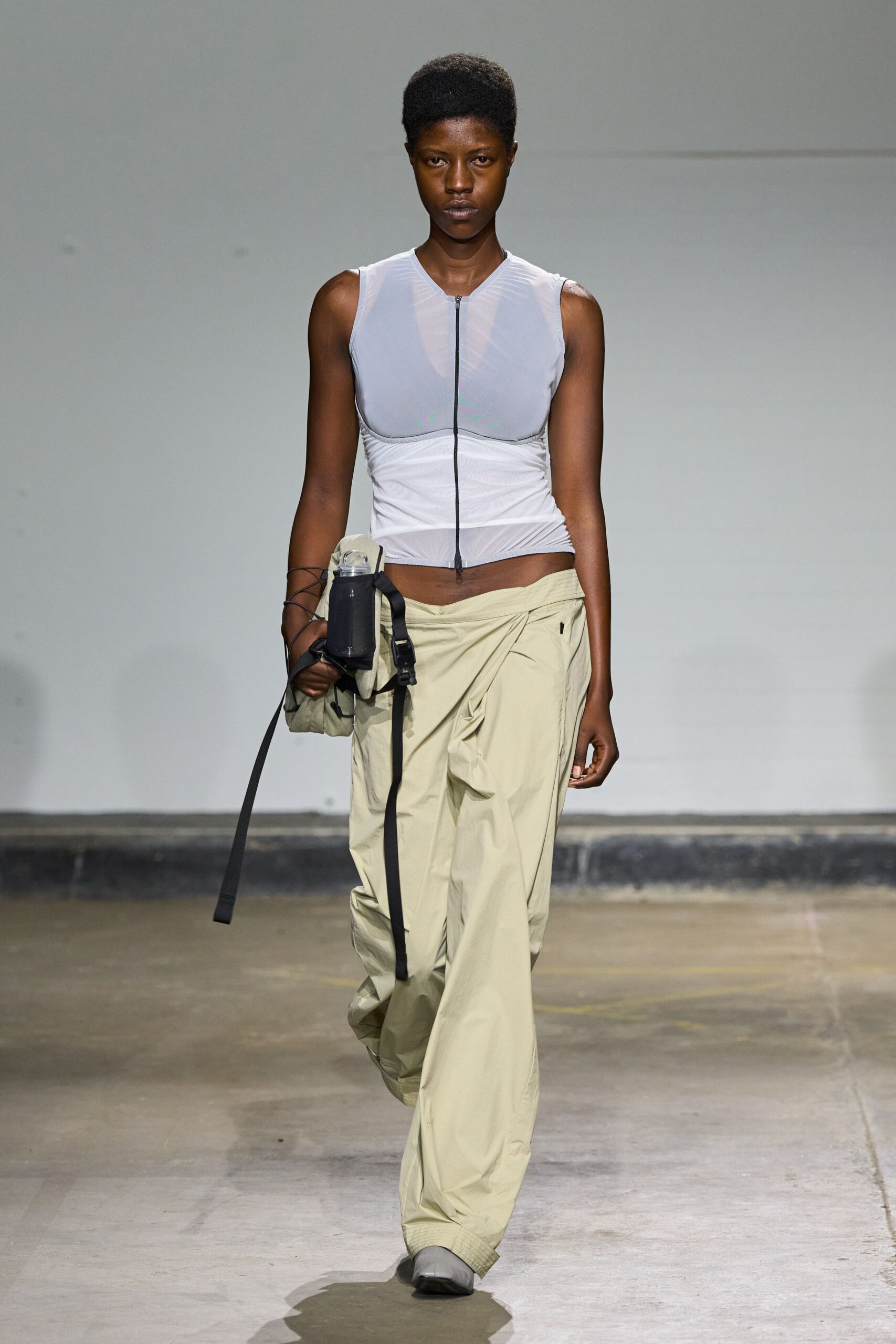 white mesh sleeveless v-neck fitted zippered sheer top