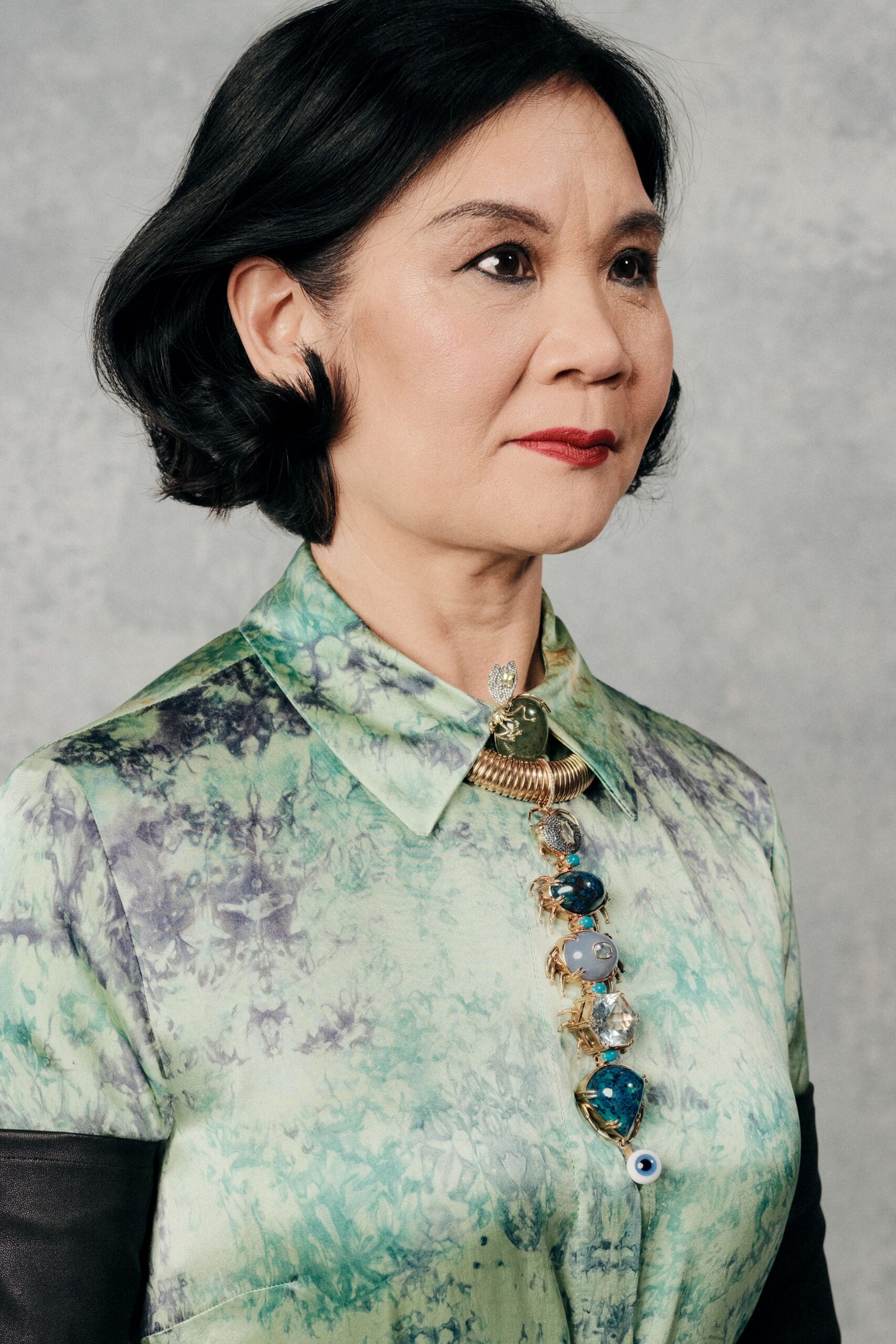 fitted green silk shirt