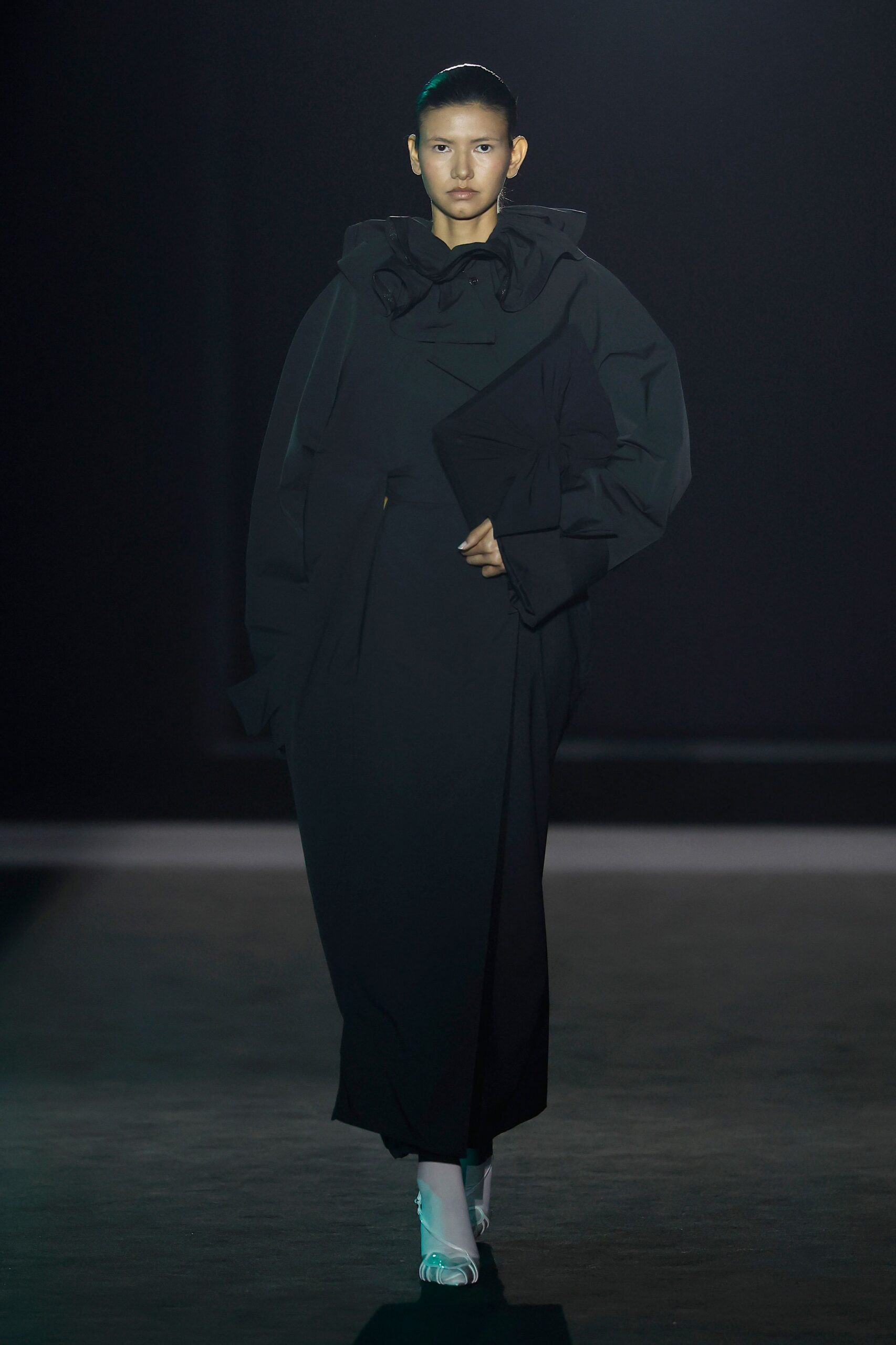 black cotton long-sleeve high-neck oversized draped maxi dress